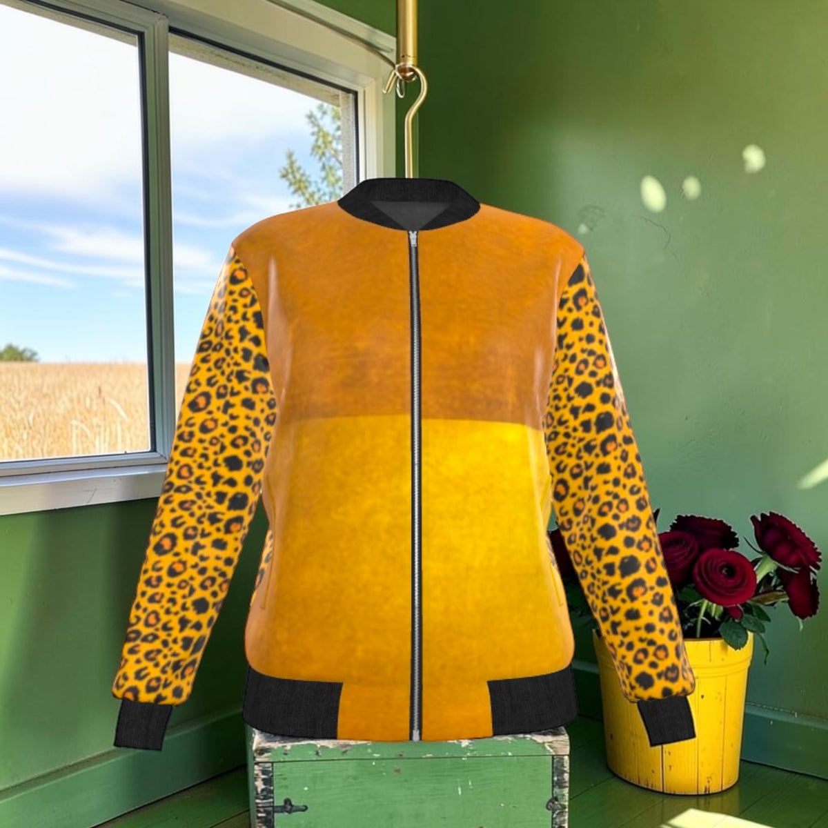 Double Instinct Reversible Silk Bomber front, amber and marigold color-block with leopard print sleeves