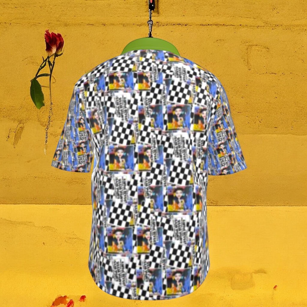 Vol III Karma Bites Shirt — all-over Checkmate DNA and Doll Wall collage print, black and white checker with Doll Wall figures, green collar — Golden Expression Art
