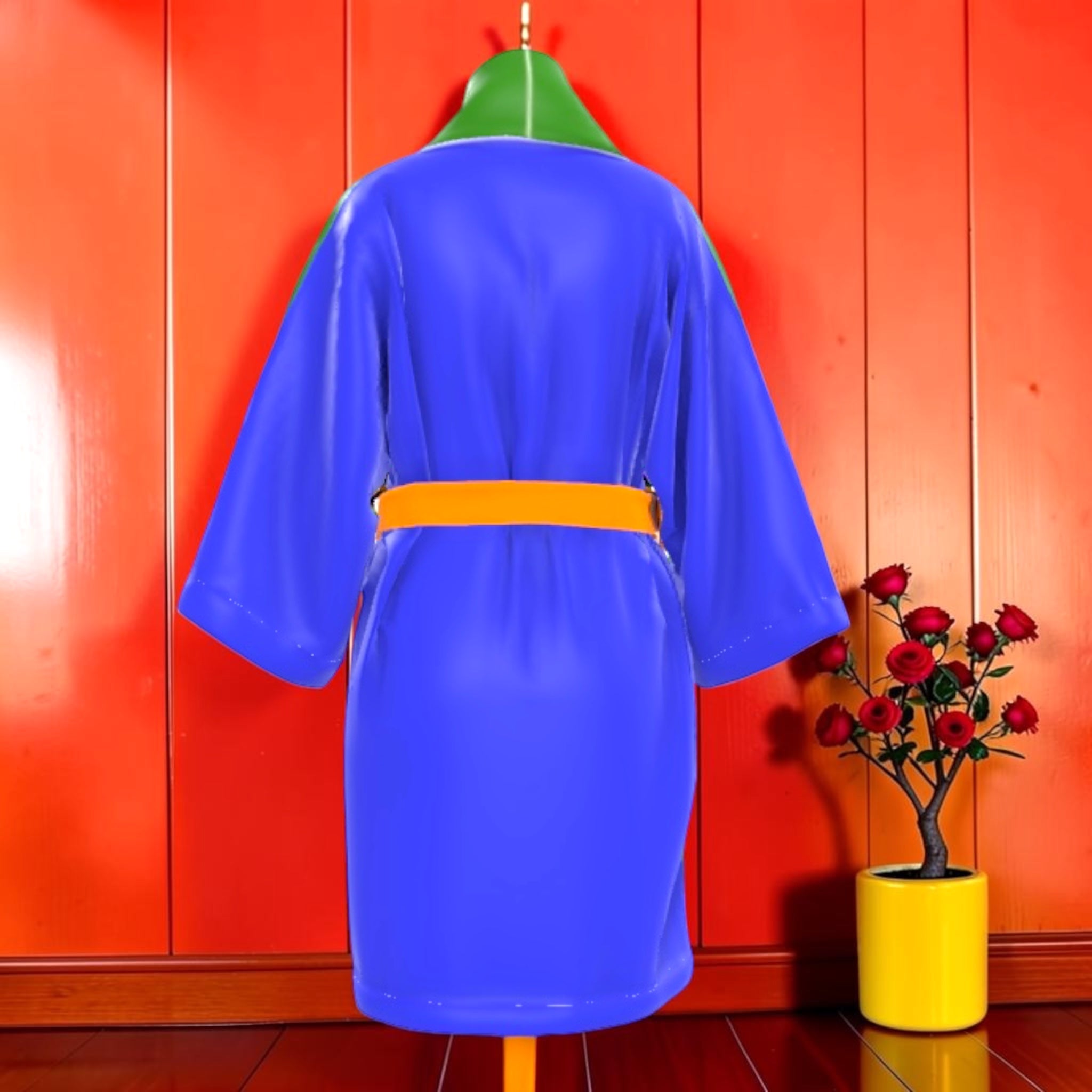 Vol II The Love Holds Beauty Silk Robe — back view, deep royal blue body with orange belt and green collar detail, Eden Edit