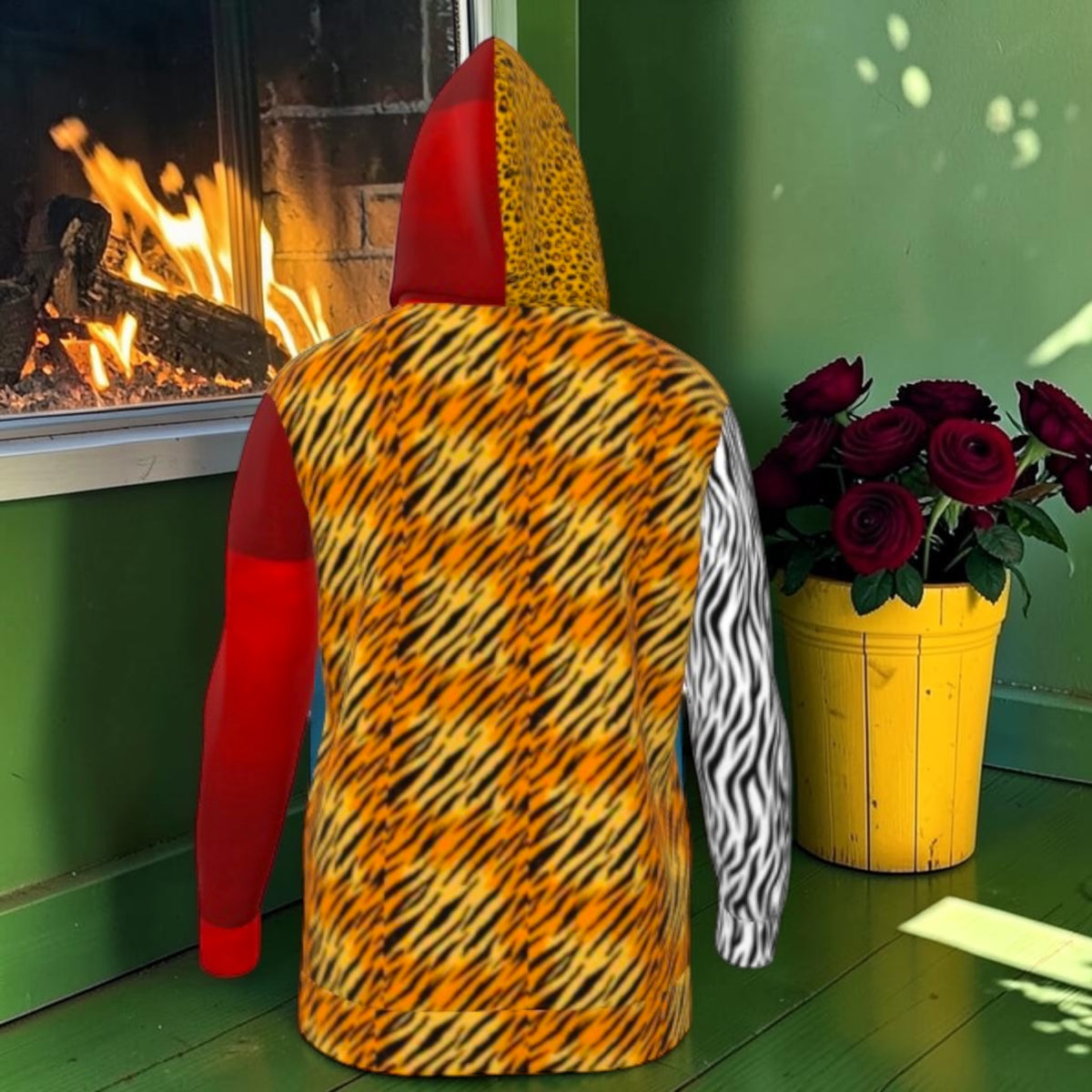 Back of The Wild Switch Hoodie with tiger-stripe print, contrasting sleeves and split red-and-animal-print hood