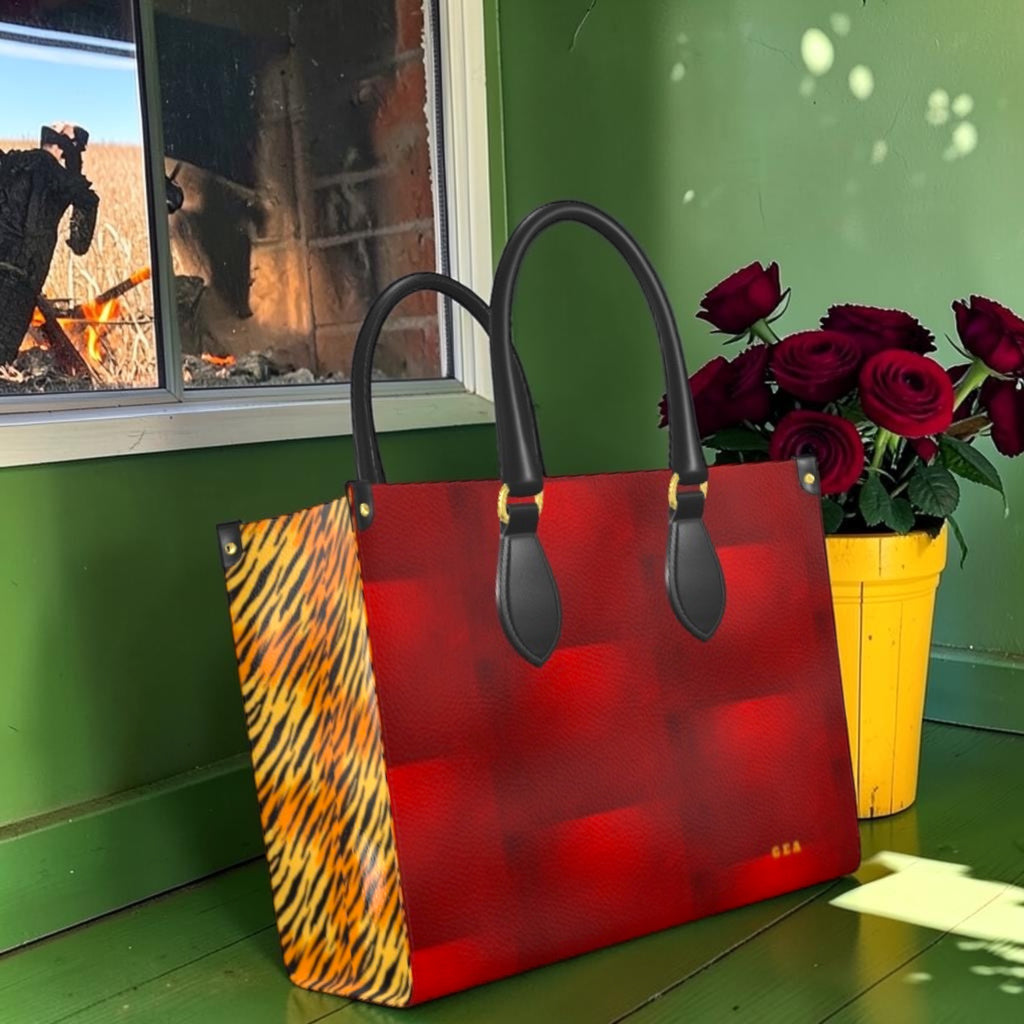 The Heat Signature Large Tote red back panel with tiger-stripe side and black handles