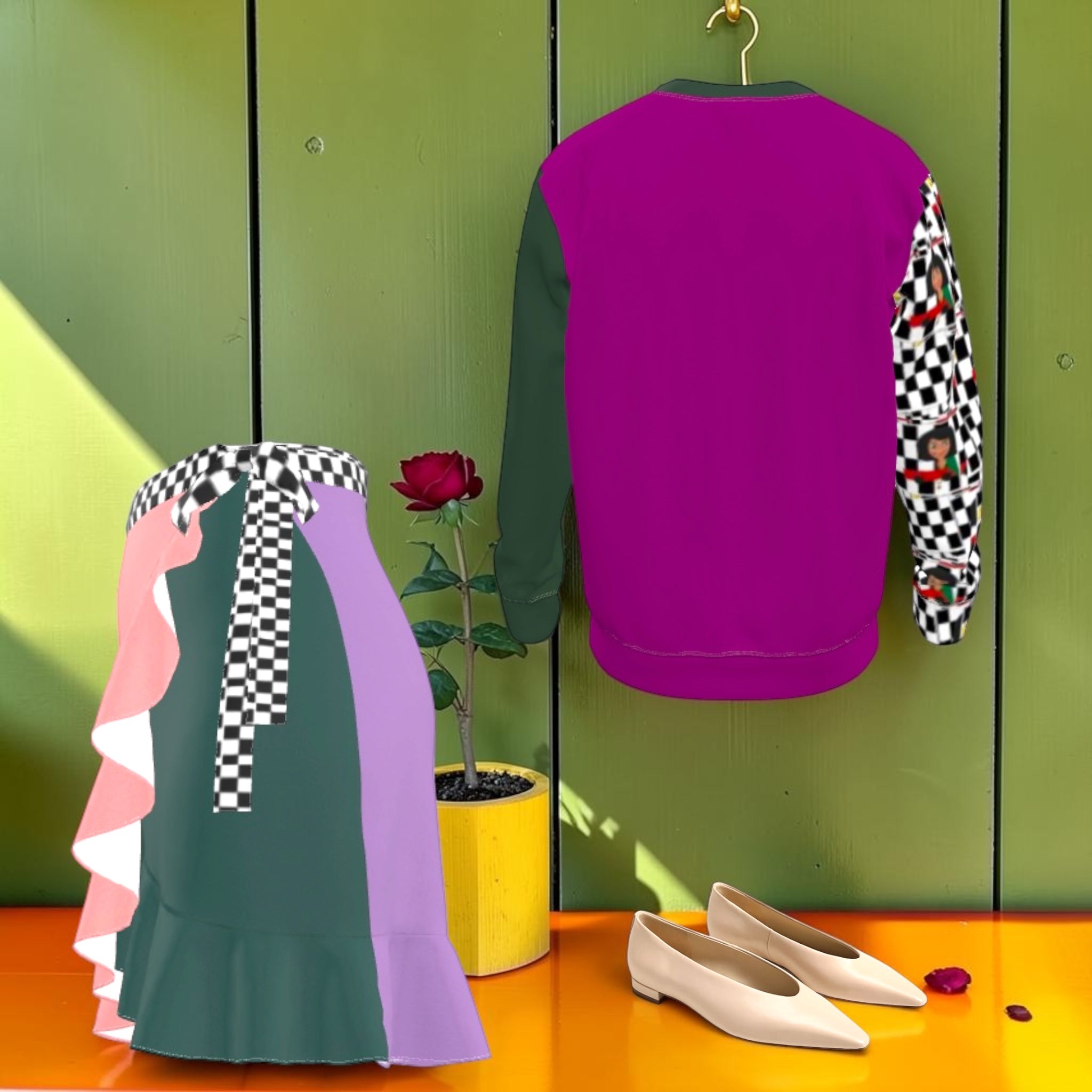 The Magenta Rule Sweatshirt — styled with ruffle skirt set, editorial shot on green backdrop with roses