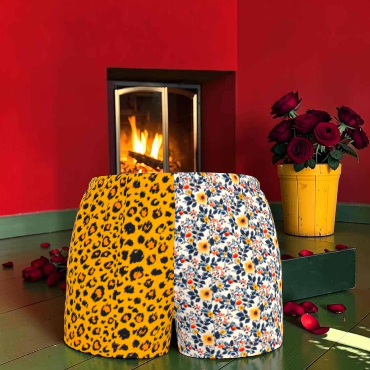 The Petal Instinct Poplin Shorts with golden leopard and floral split-print front