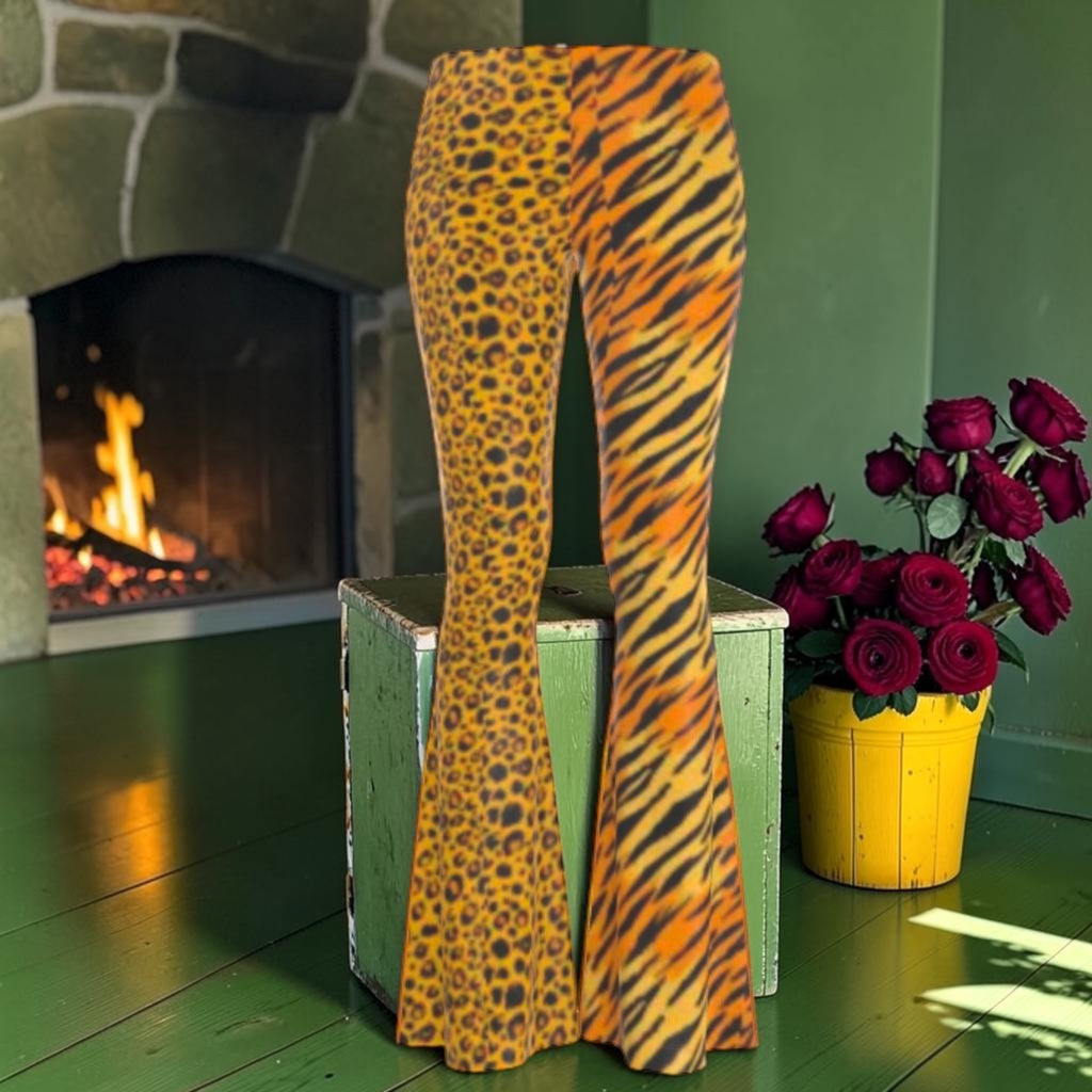 Amber Clash high-waisted velvet flare pants front with contrasting leopard and tiger-print legs
