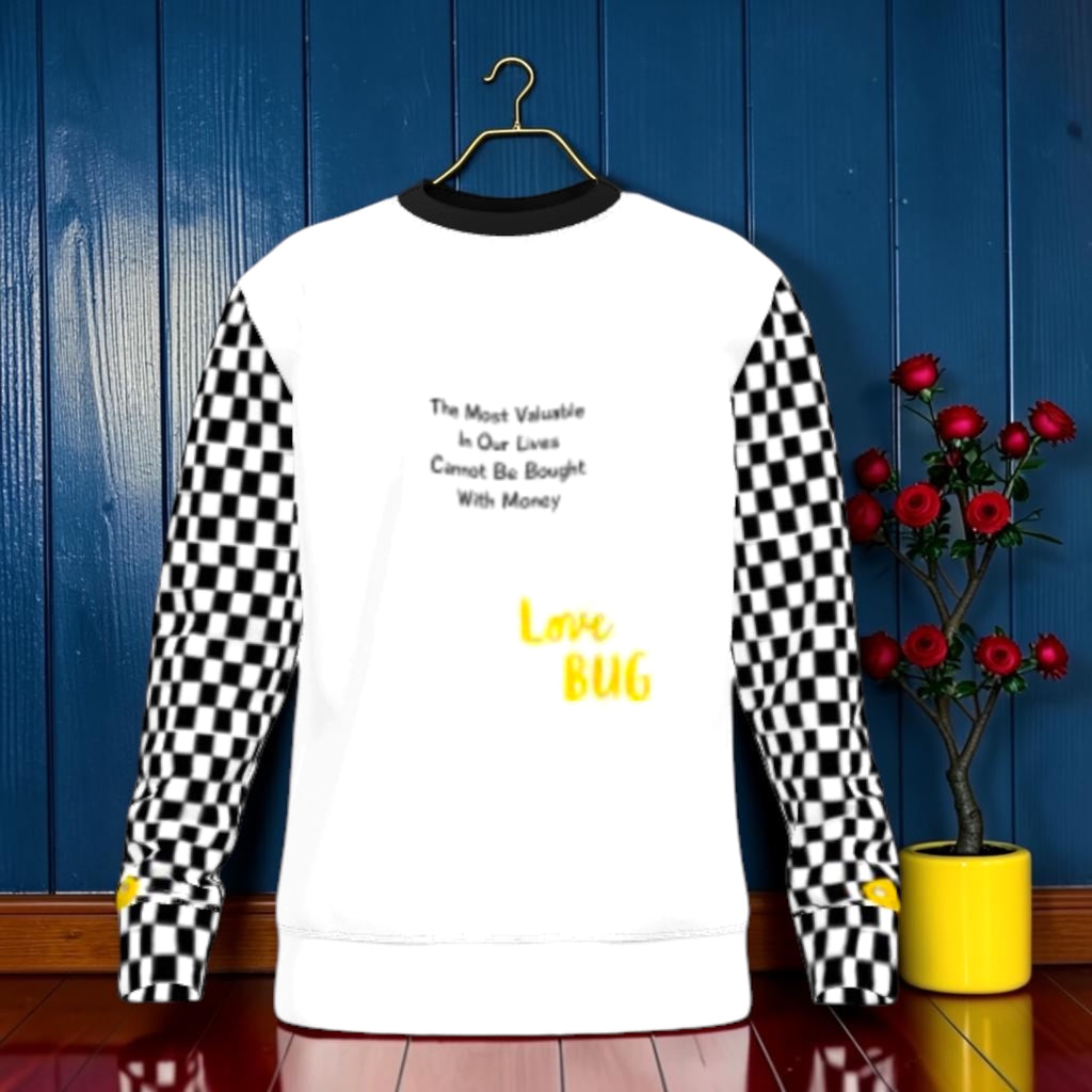 Vol III The Love Bug Sweatshirt — back view with Checkmate DNA sleeves and Love Bug yellow script on white body