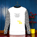Vol III The Love Bug Sweatshirt — back view with Checkmate DNA sleeves and Love Bug yellow script on white body