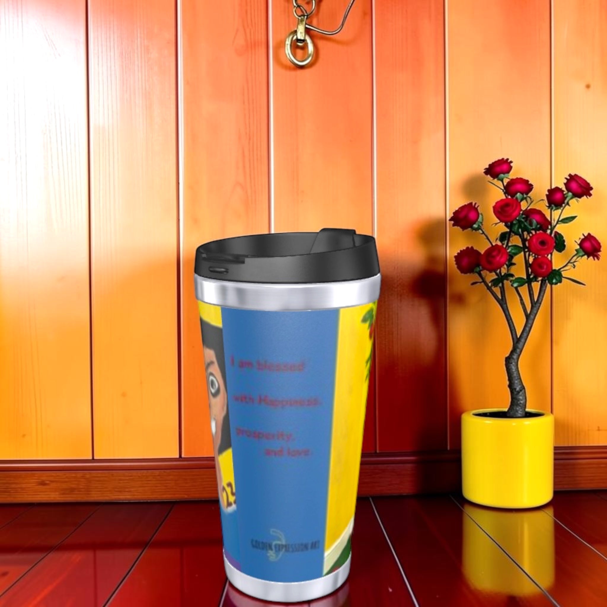 The No Ordinary Sip Travel Tumbler — side angle view, Doll Wall print, yellow wall backdrop