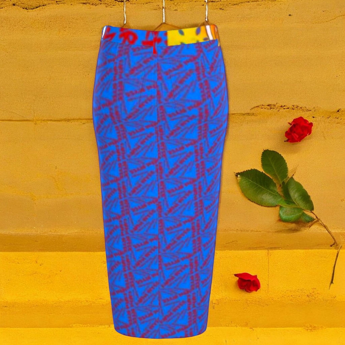 Golden Expression Art Vol III Crosshatch Code Denim Long Skirt — back view, cerulean blue denim with all-over deep wine crosshatch print and golden yellow waistband detail