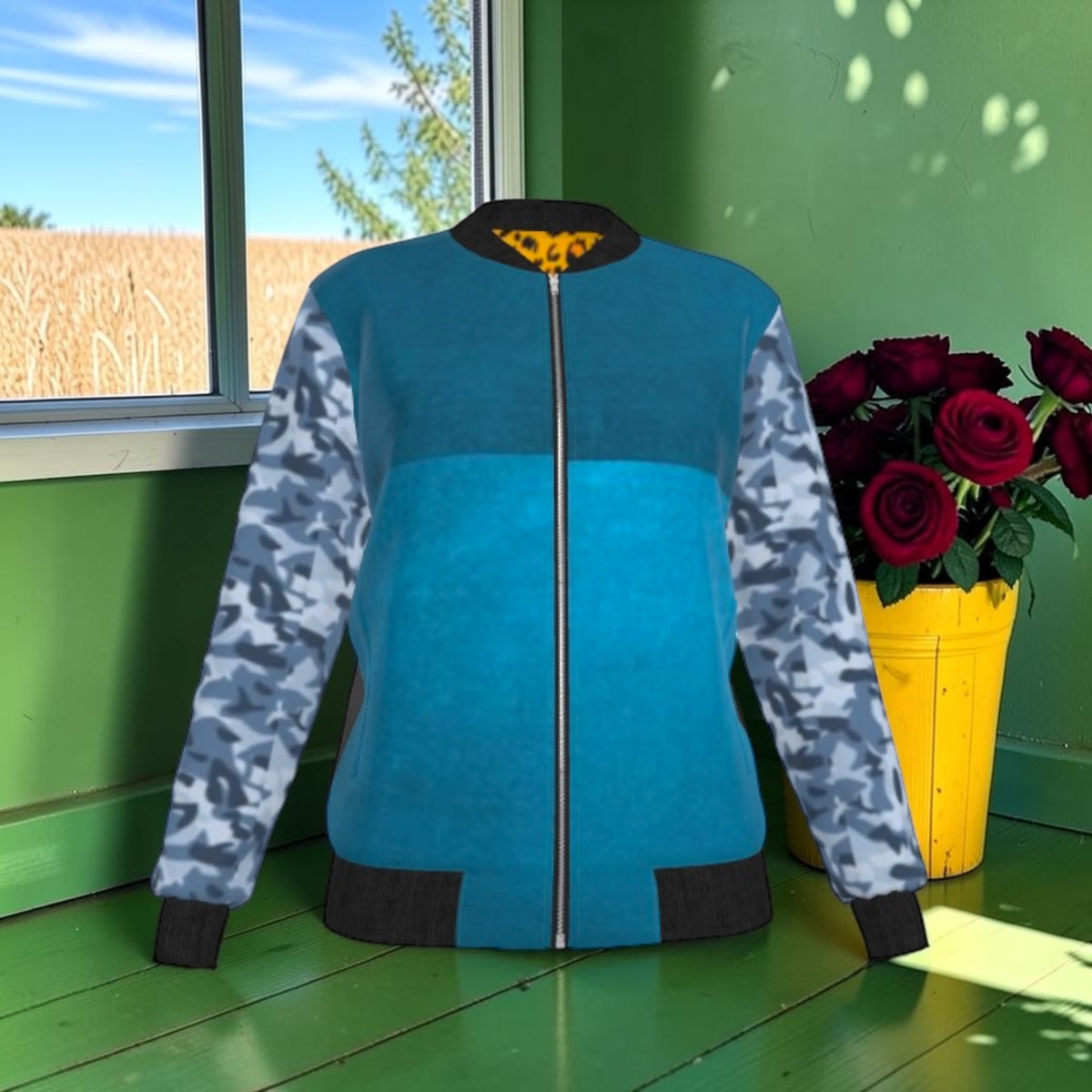 Double Instinct Reversible Silk Bomber reversed front, two-tone cerulean body with blue camo sleeves