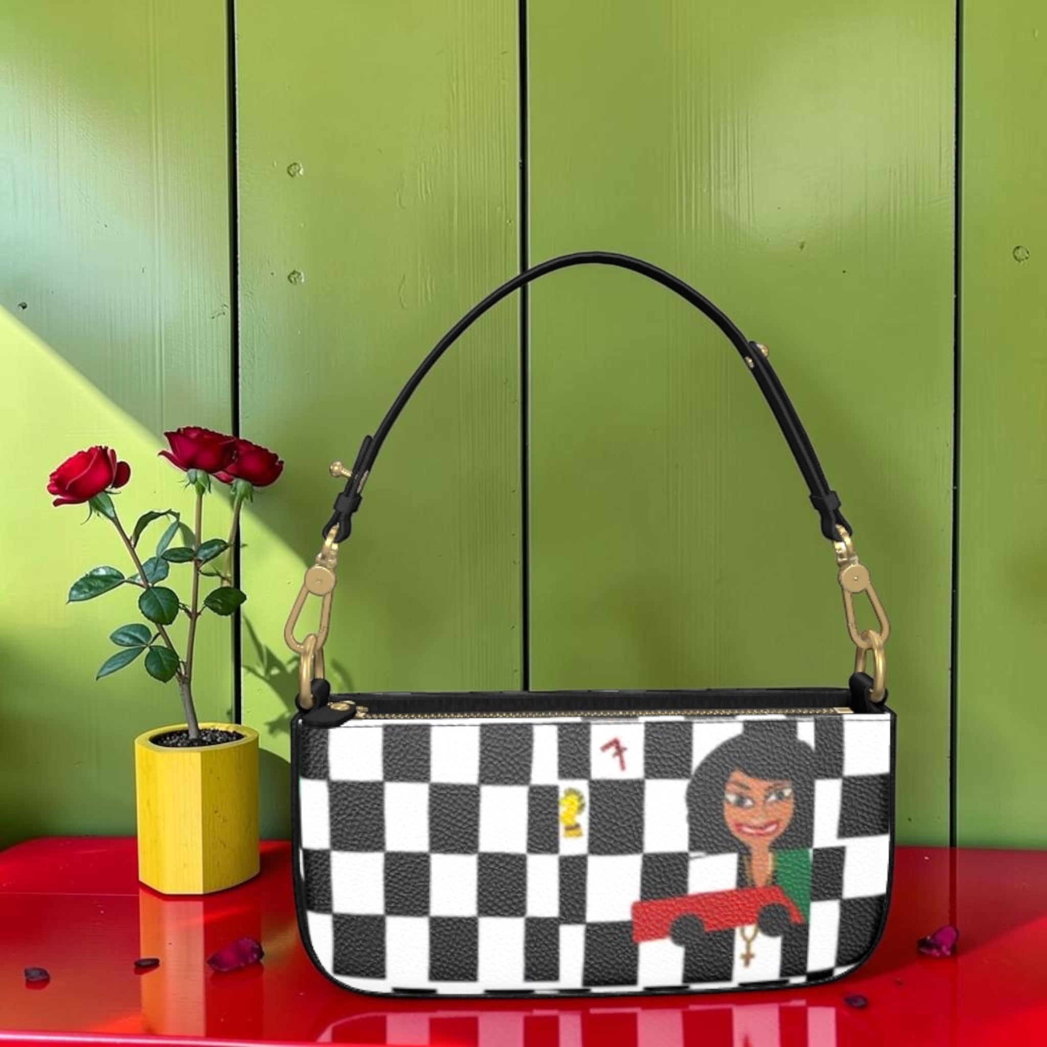 Iconic Classic Crossbody Purse - Black & White Checkmate Box Bag - Front - Golden Expression Art