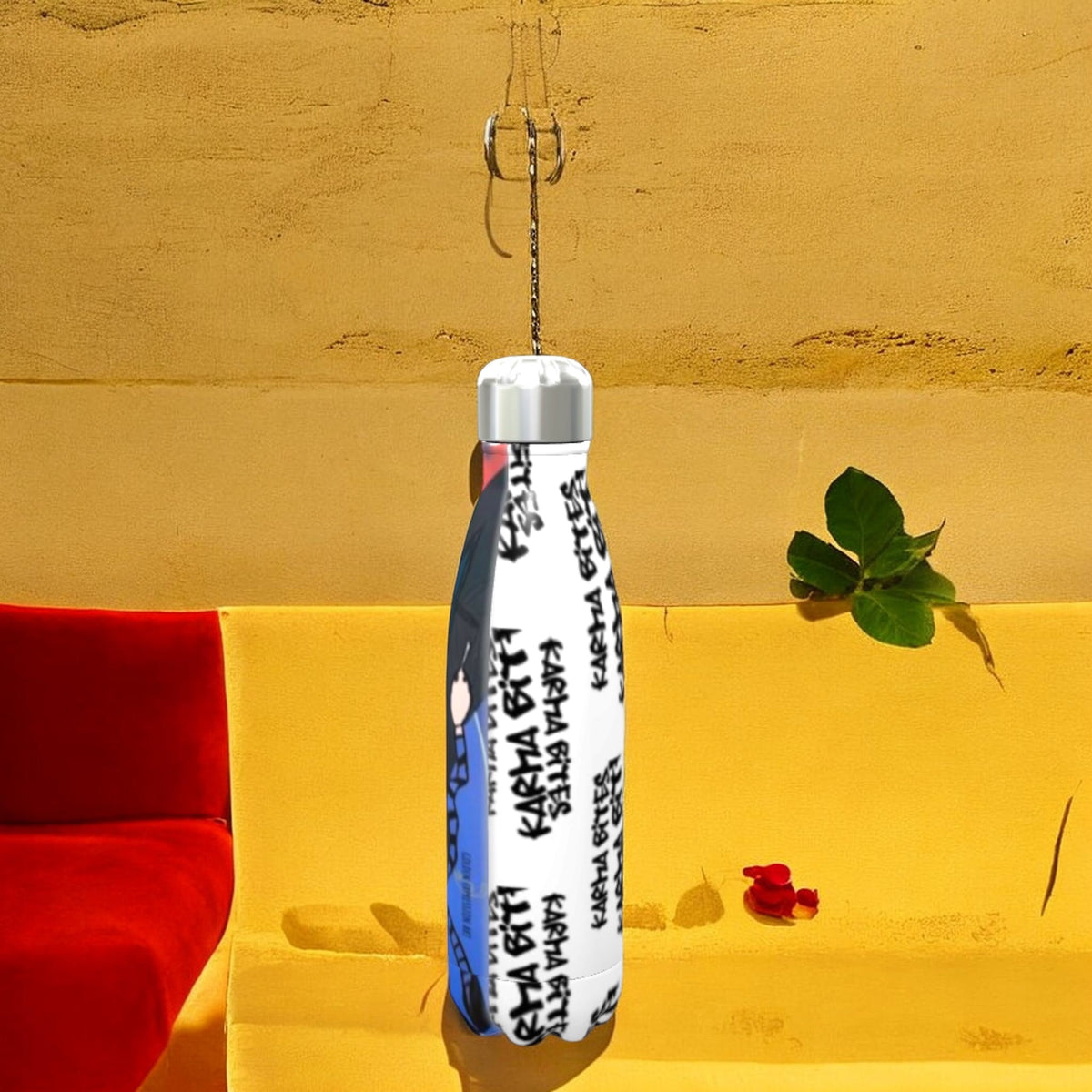 Back view of The Karma Bites Collector’s Water Bottle in stainless steel with Karma Bites artwork