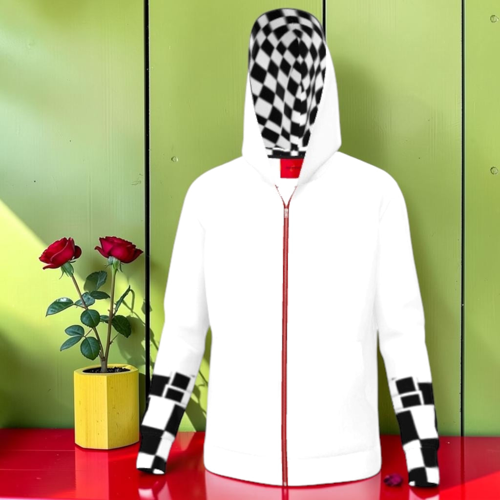 The Fearless Zip Hoodie — front view with checkered hood and scarlet red zip