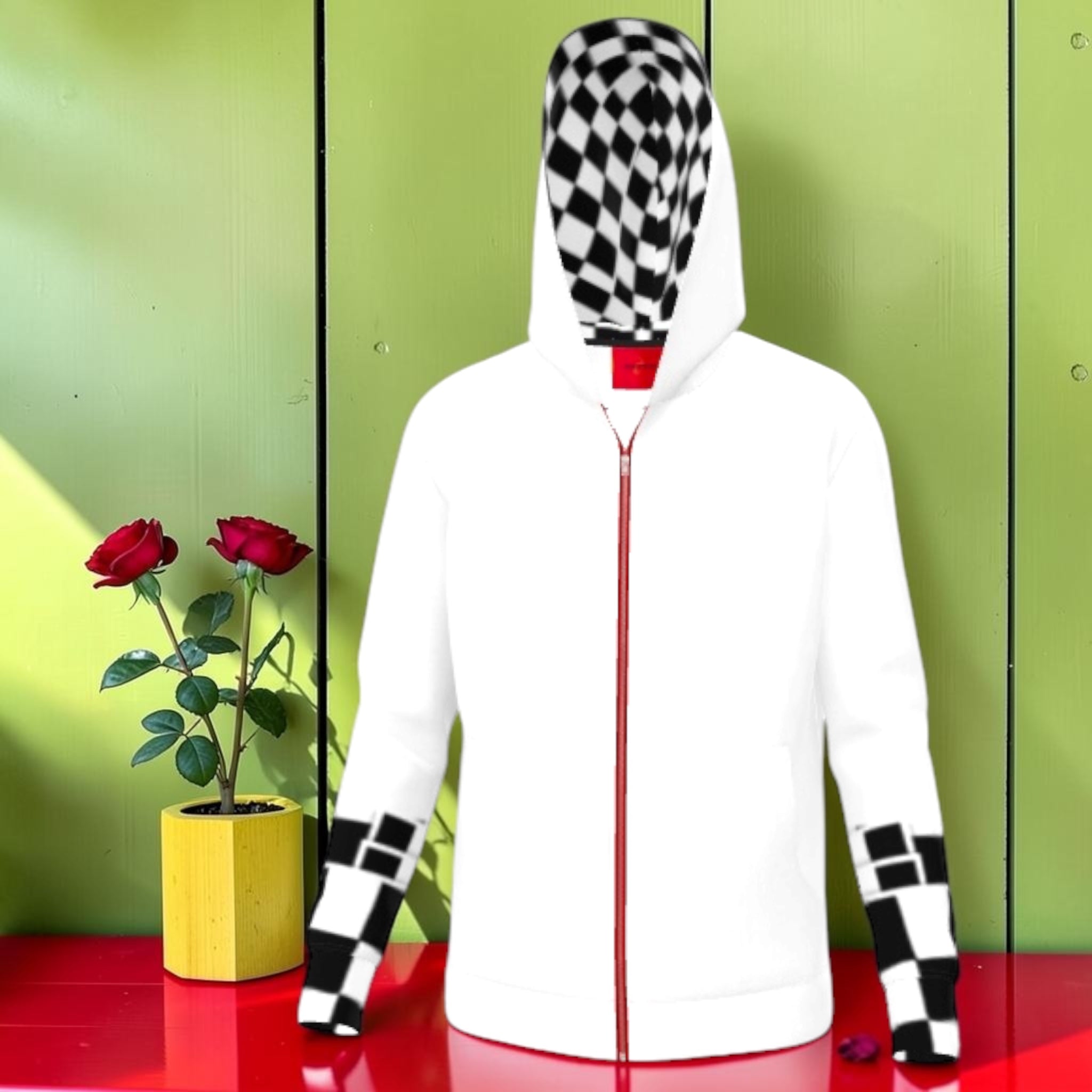 The Fearless Zip Hoodie — front view with checkered hood and scarlet red zip