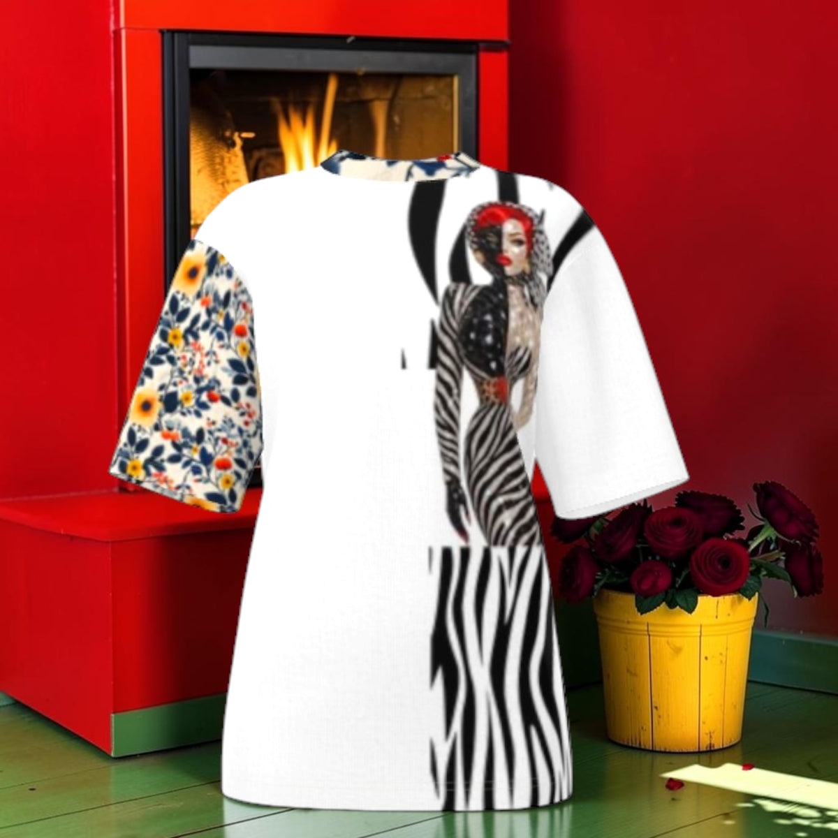 Wild Muse Oversized Tee front with portrait artwork, zebra-print panel and one floral-print sleeve on a white body.