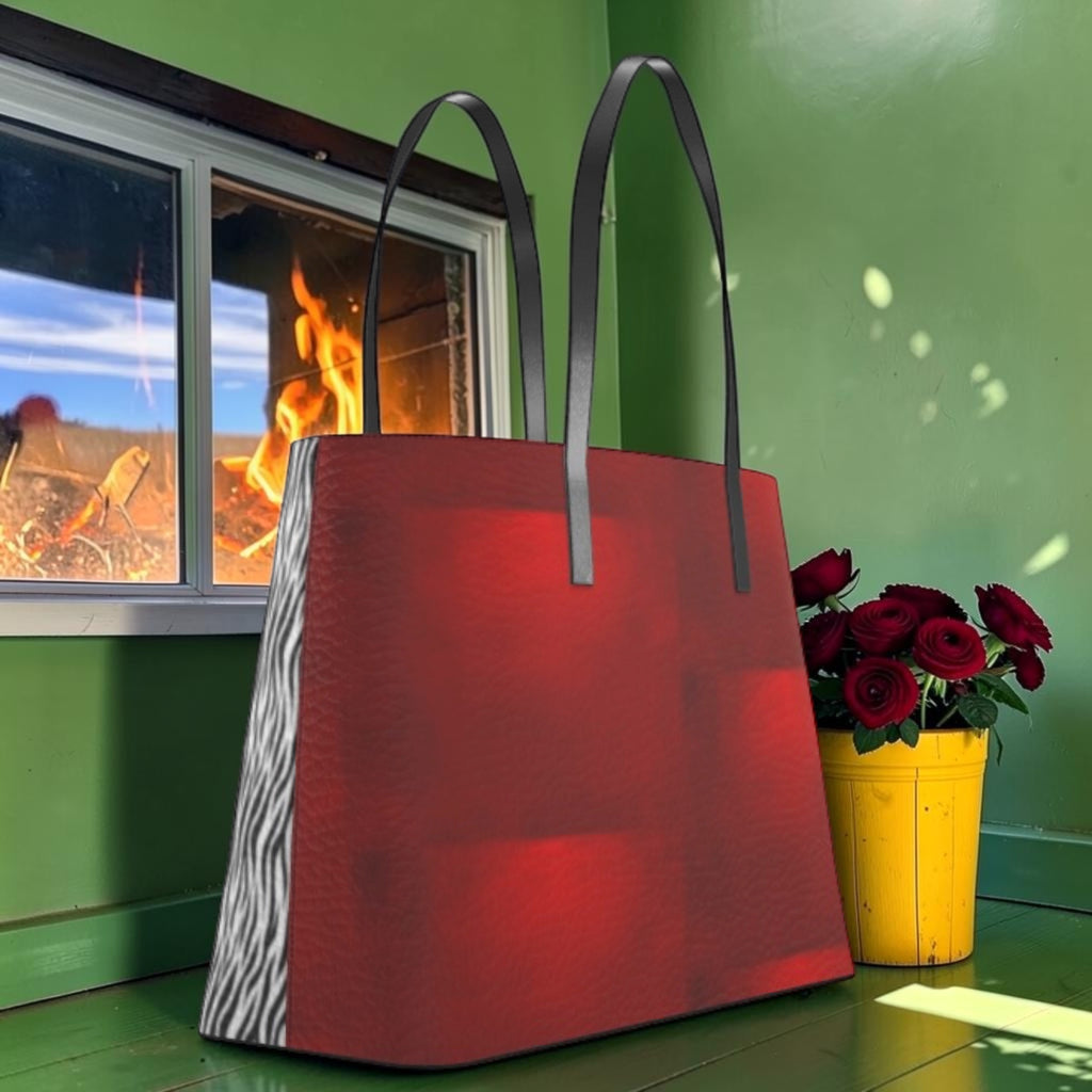 Red panel of The Scarlet Instinct Large Tote in textured Napper leather with long black handles.
