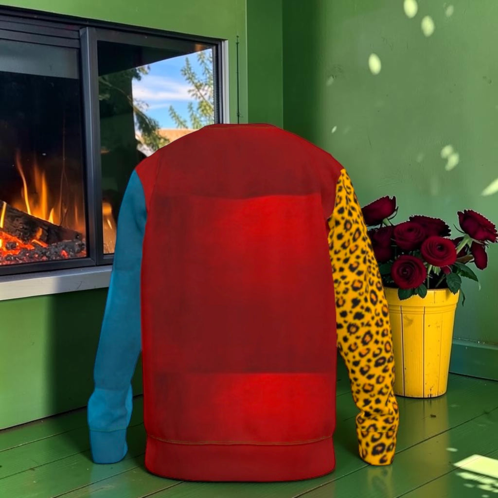 Red tonal-block side of The Wild Contrast Sweatshirt with contrasting blue and golden leopard-print sleeves.