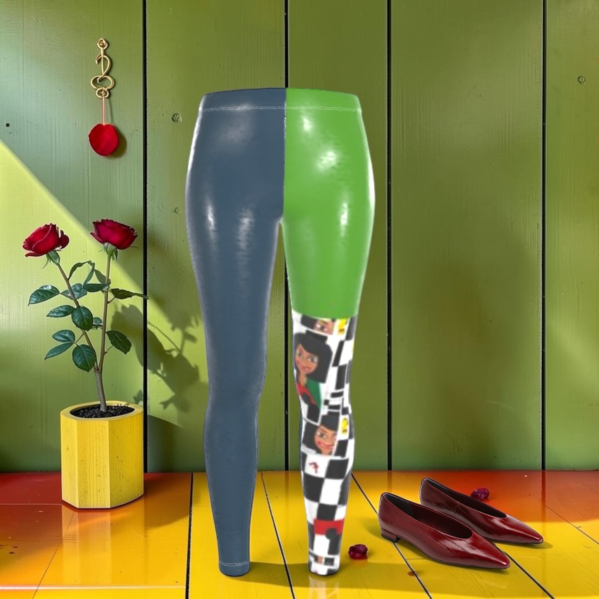 The Split Realm Legging — front view, split-panel slate grey and lime green with Checkmate doll print lower leg