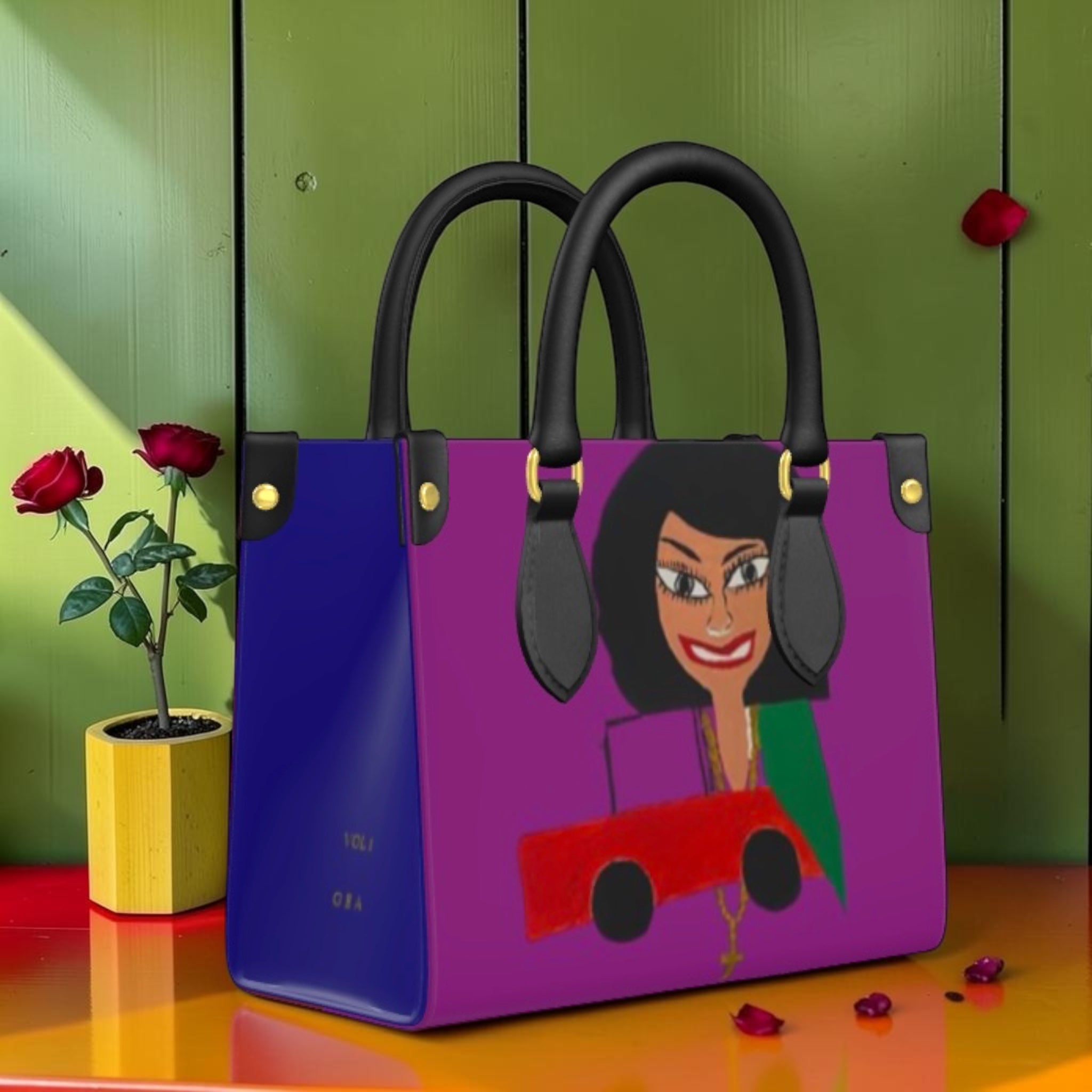 Vol I — The Doll Wall Lady Bag, front view, royal blue and magenta color-block smooth Nappa leather panels, Doll Wall lady graphic center, red car detail, black top handles, gold hardware, GEA