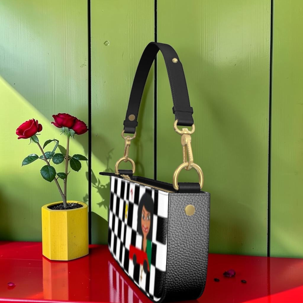 Iconic Classic Crossbody Purse - Black & White Checkmate Box Bag - Angle View - Golden Expression Art