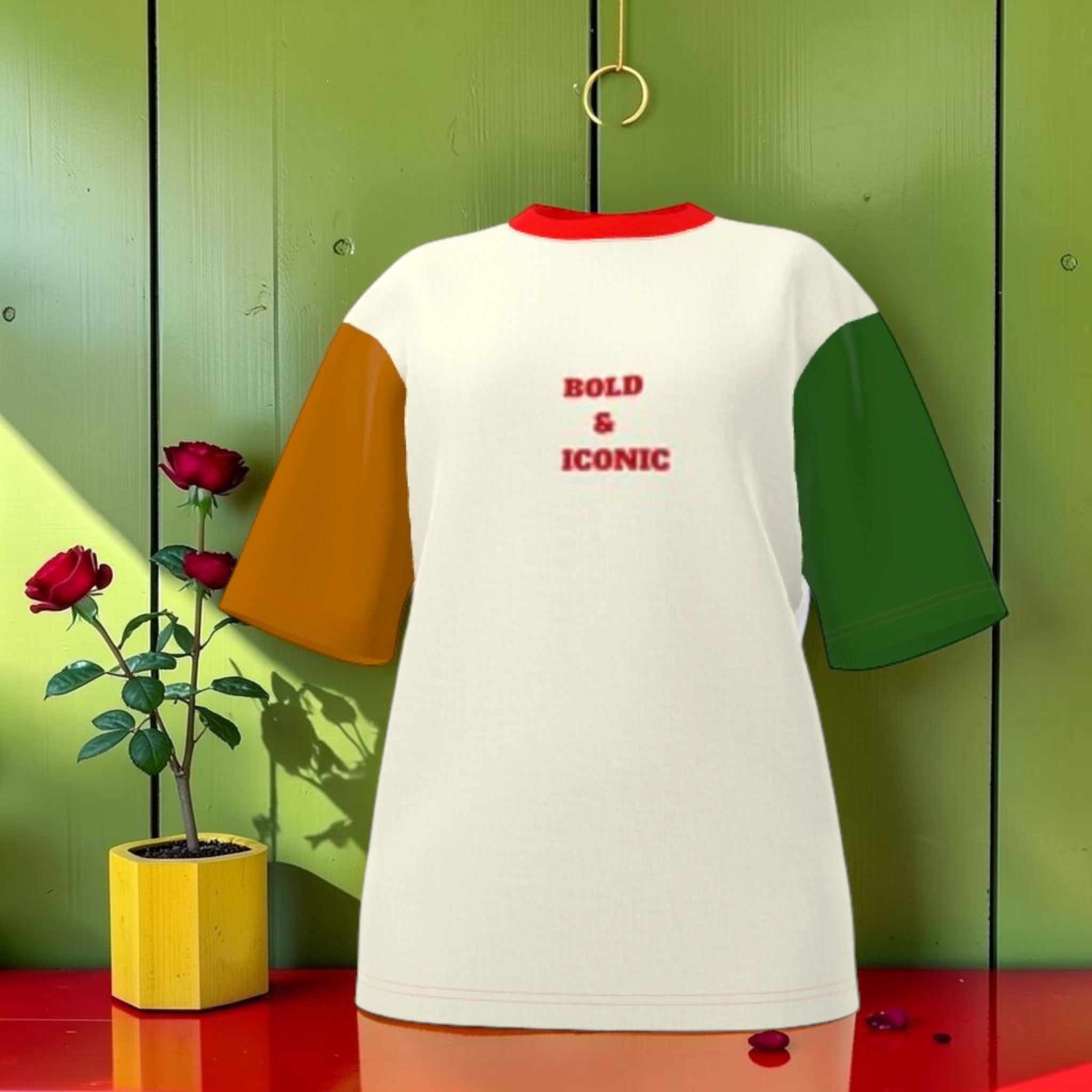 Vol I — The Iconic Statement Tee (Oversized) — Front view: white Nero Ponte body, amber left sleeve, forest green right sleeve, scarlet red collar, BOLD & ICONIC embroidered text on chest