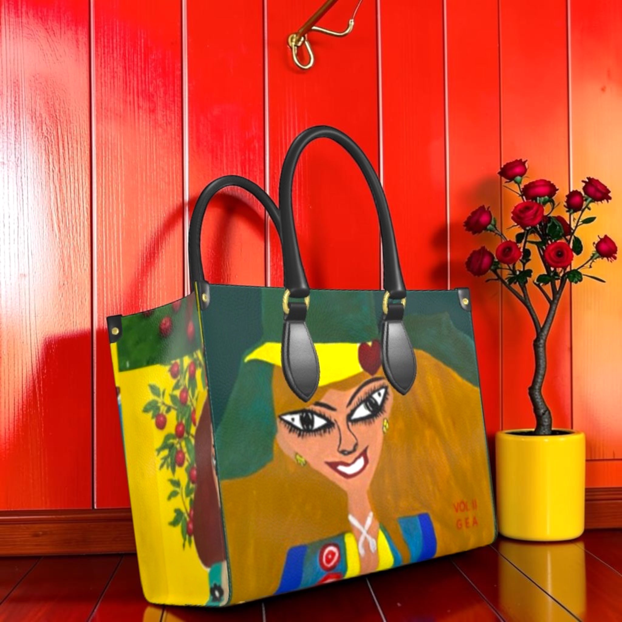 Vol II — The Eden Garden Satchel Tote front view, Doll Wall golden lady print on yellow structured body with black handles — Golden Expression Art Eden Edit