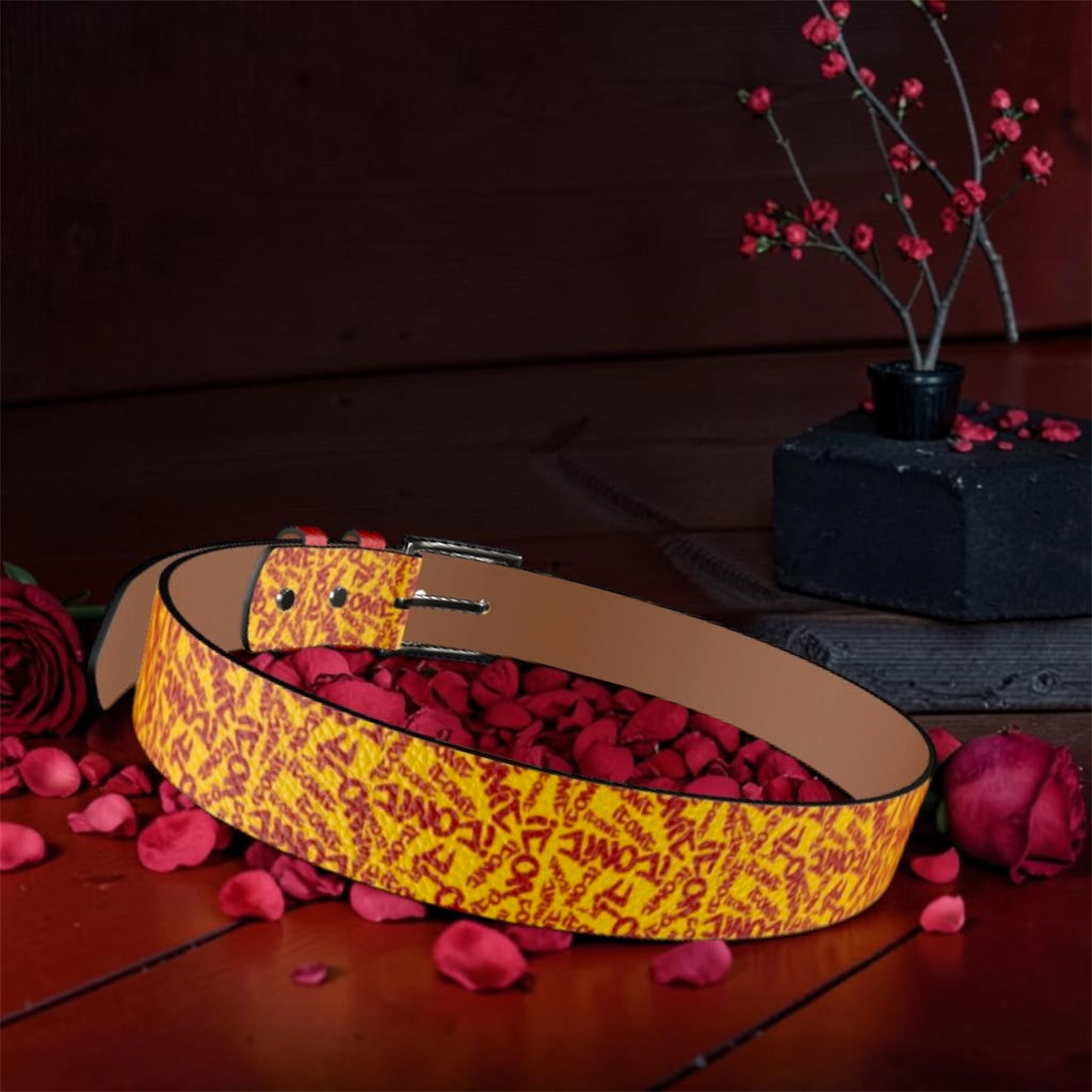 The Golden Decree Belt — interior view, tan leather lining, all-over ICONIC print