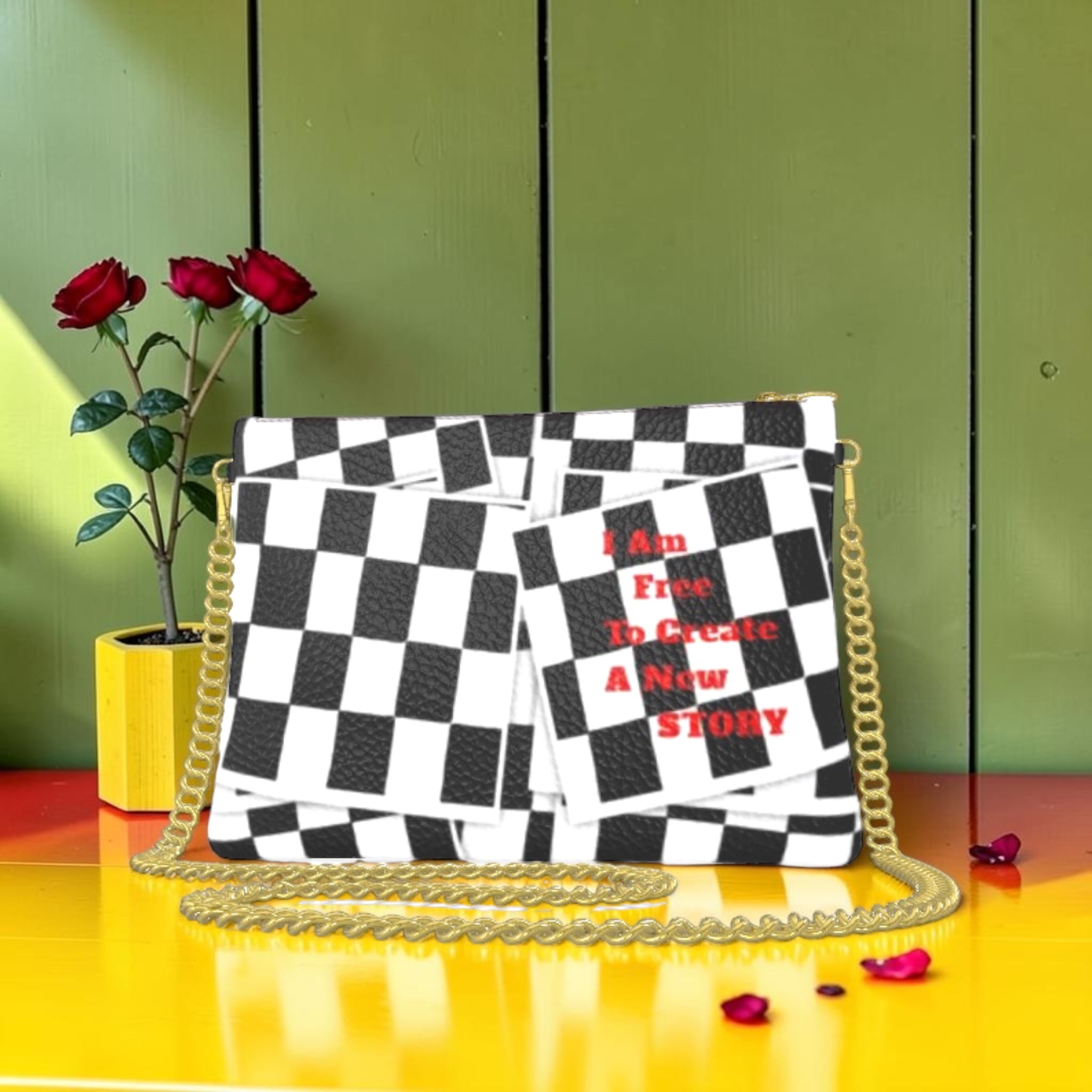 Iconic Signature Clutch Bag - back view, black and white checkered print with I Am Free To Create A New Story red text, gold chain strap