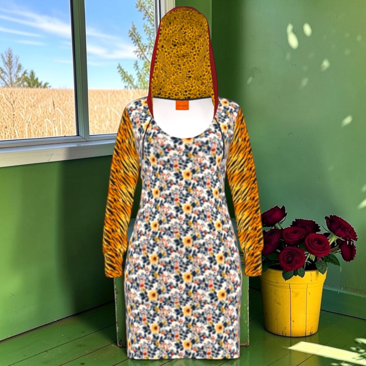 Crimson Temper Hoodie Dress front with floral print, golden tiger-stripe sleeves, and patterned hood lining