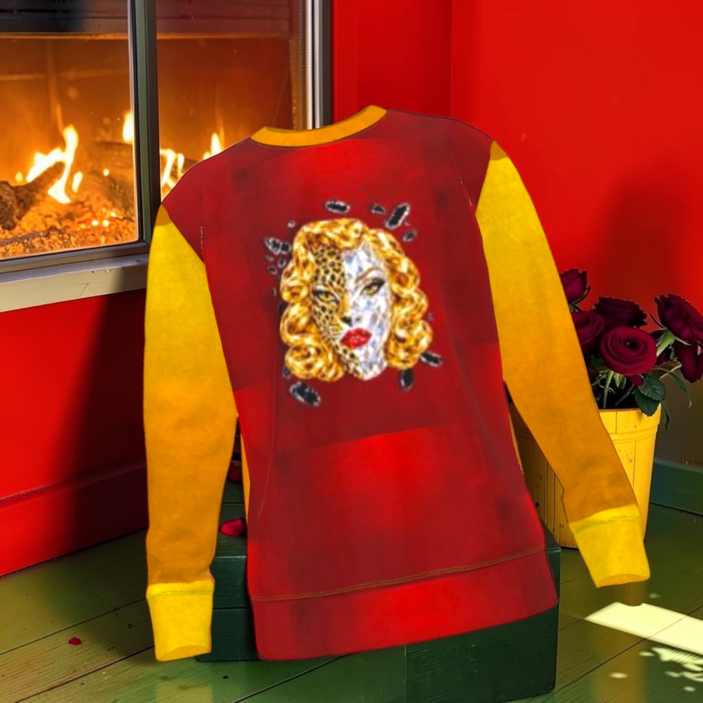 The Leopard Oracle Sweatshirt red front with golden-haired leopard and crystal-style portrait graphic, golden sleeves and crew neckline