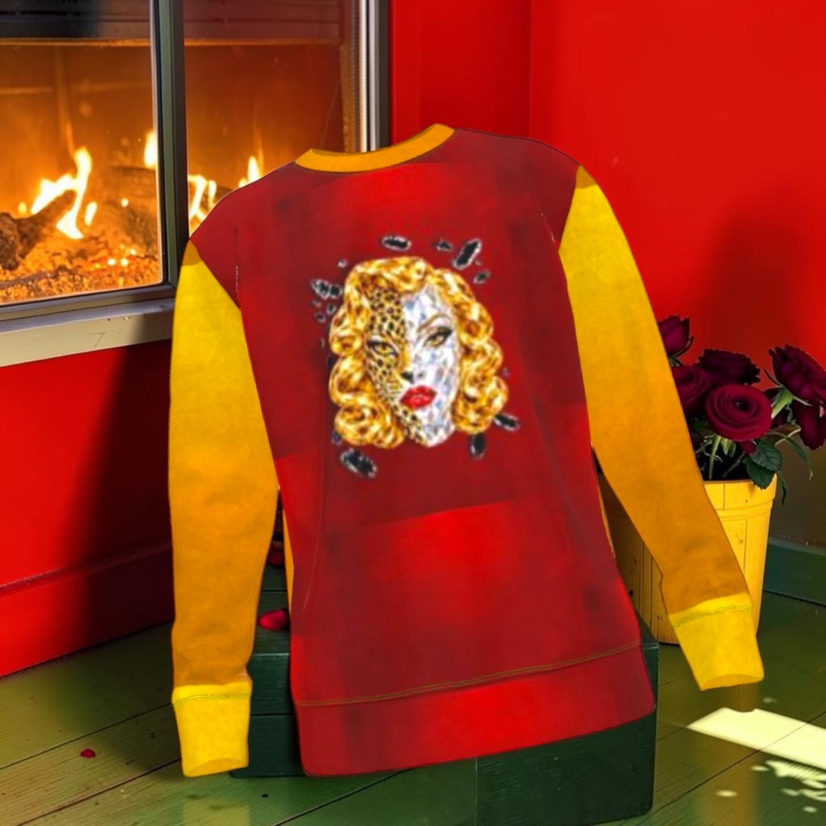 The Leopard Oracle Sweatshirt red front with golden-haired leopard and crystal-style portrait graphic, golden sleeves and crew neckline