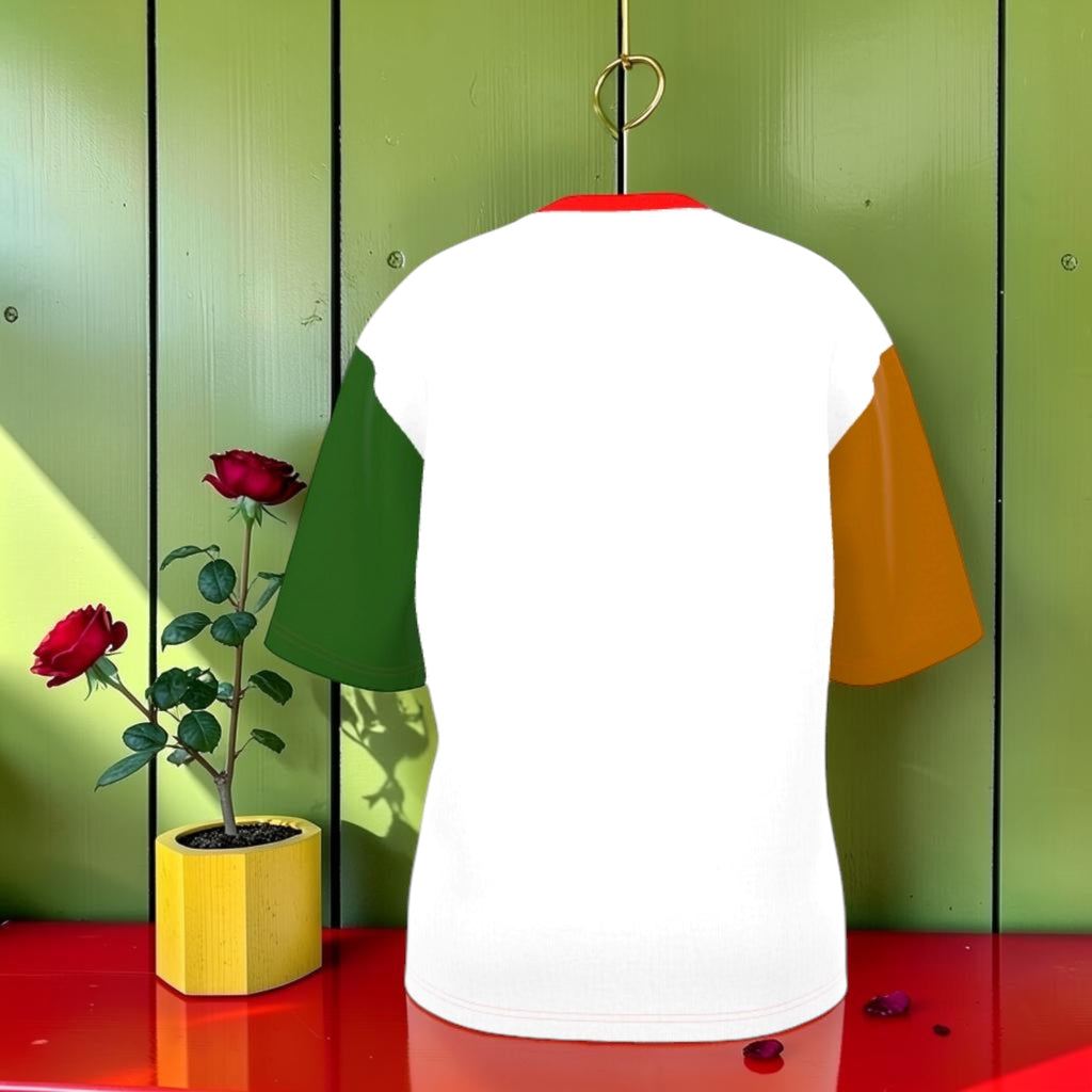 Vol I — The Iconic Statement Tee (Oversized) — Back view: clean white Nero Ponte body, amber and forest green color-block sleeves, scarlet red collar