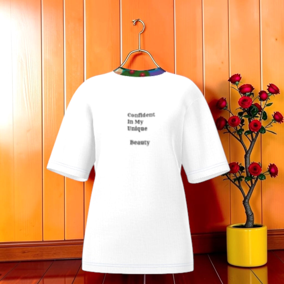 Vol II — Queen Isola Classic Tee, front view, white oversized tee, Eden art painting neckline detail, Confident In My Unique Beauty affirmation text, orange editorial backdrop, Golden Expression Art