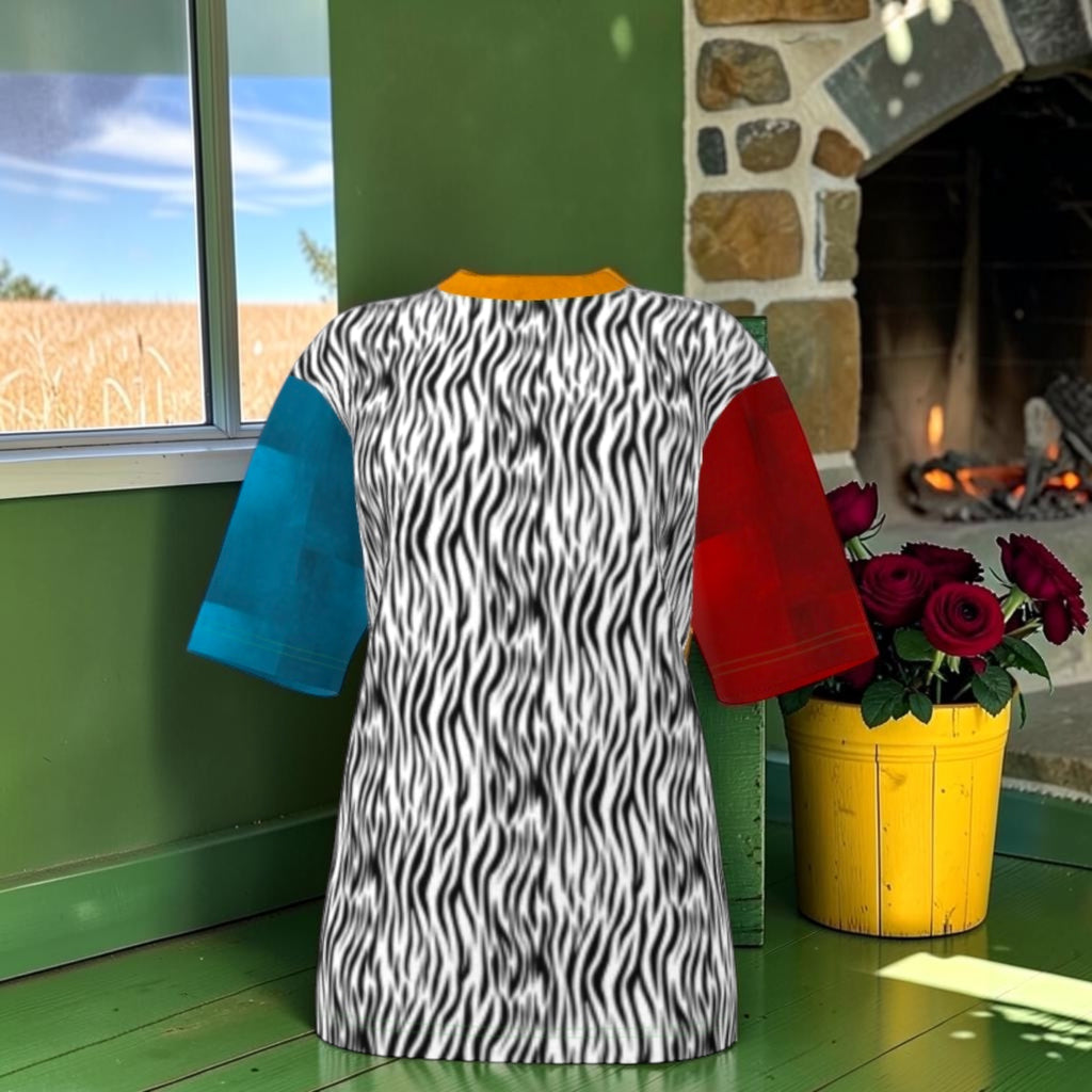 Zebra-print side of oversized T-shirt with blue and red sleeves and golden neckline