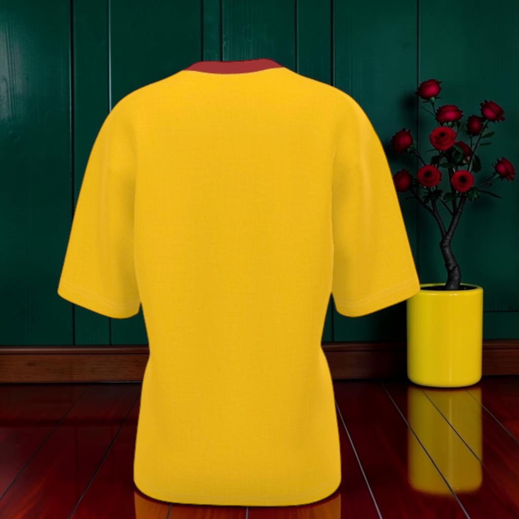 Vol II — The Eden Venture Tee, back view, solid golden yellow body, burgundy collar, oversized silhouette — Golden Expression Art
