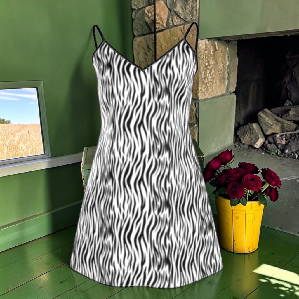 Zebra Rouge silk dress black-and-white zebra-print front with thin straps and V-neckline