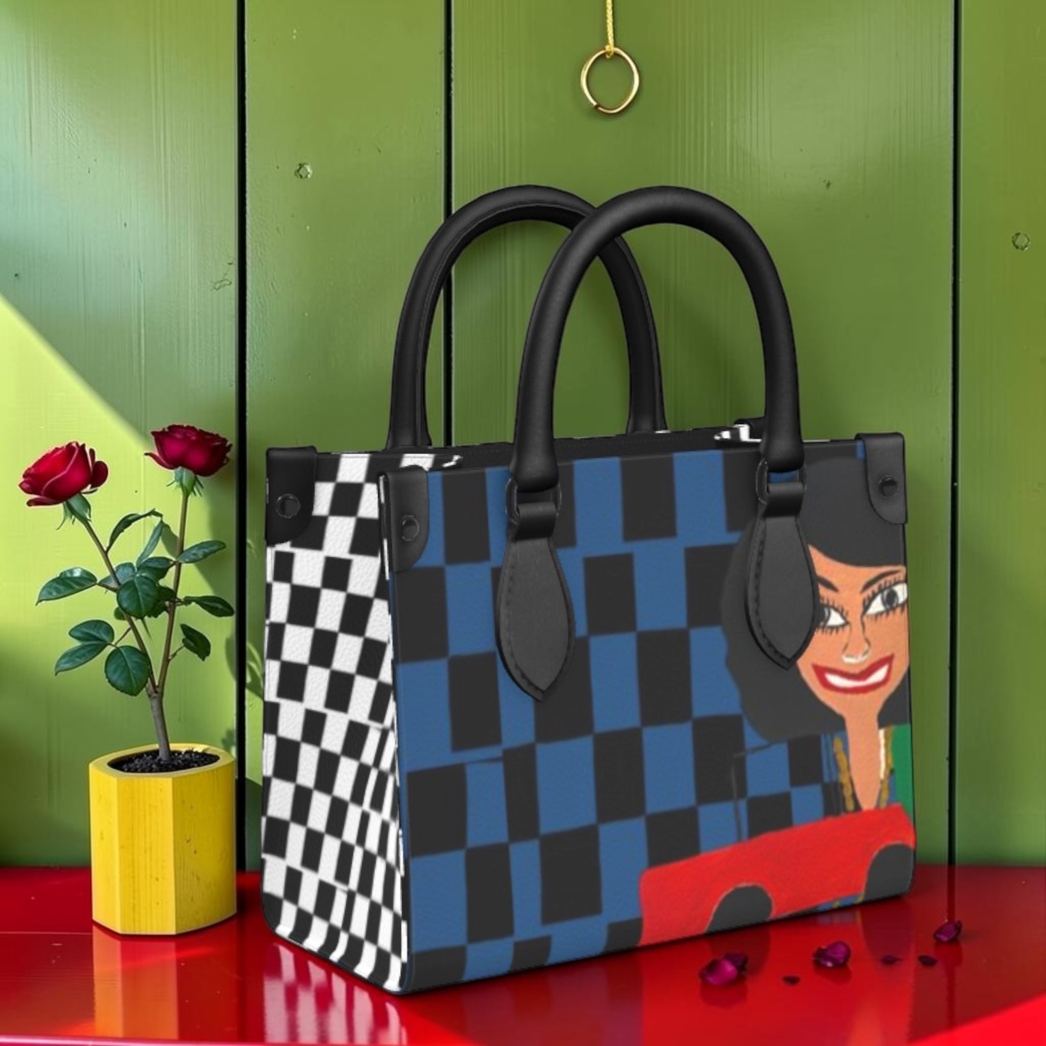 The Rule Breaker Mini Satchel Tote — Blue Black Checkered front view