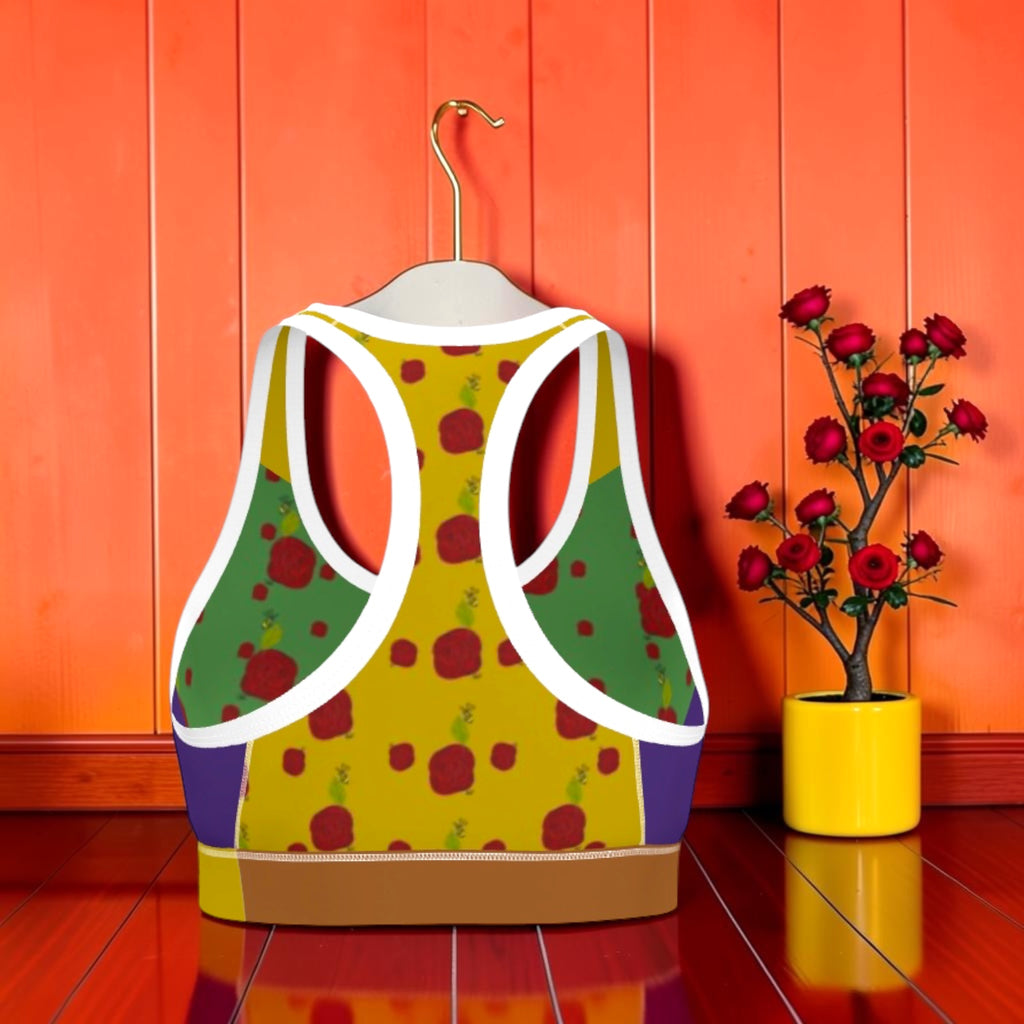 Love Holds Sports Bra back view — golden yellow Eden print with white racerback trim, Vol II The Eden Edit by GEA