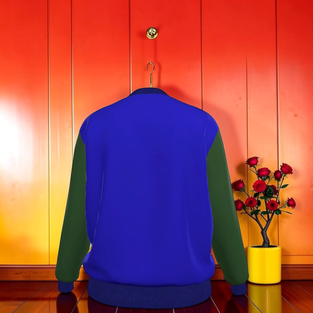 Vol II — The Eden Color-Block Denim Jacket, back view, solid royal blue body, forest green sleeves, royal blue ribbed collar and hem, GEA