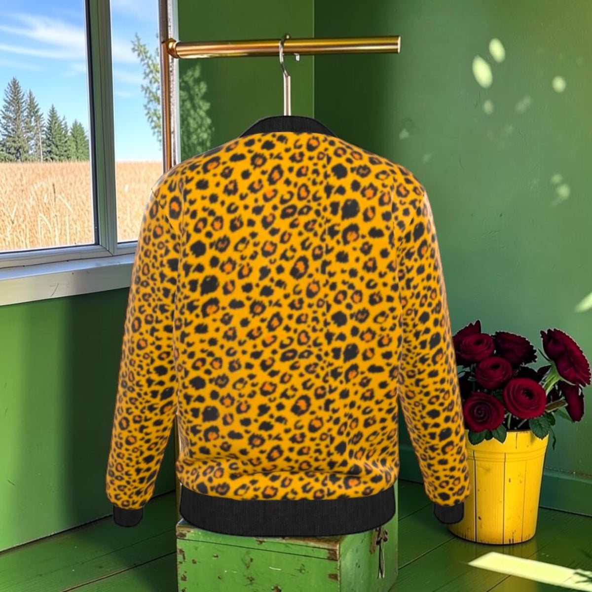 Double Instinct Reversible Silk Bomber back, all-over golden leopard print with black ribbed hem