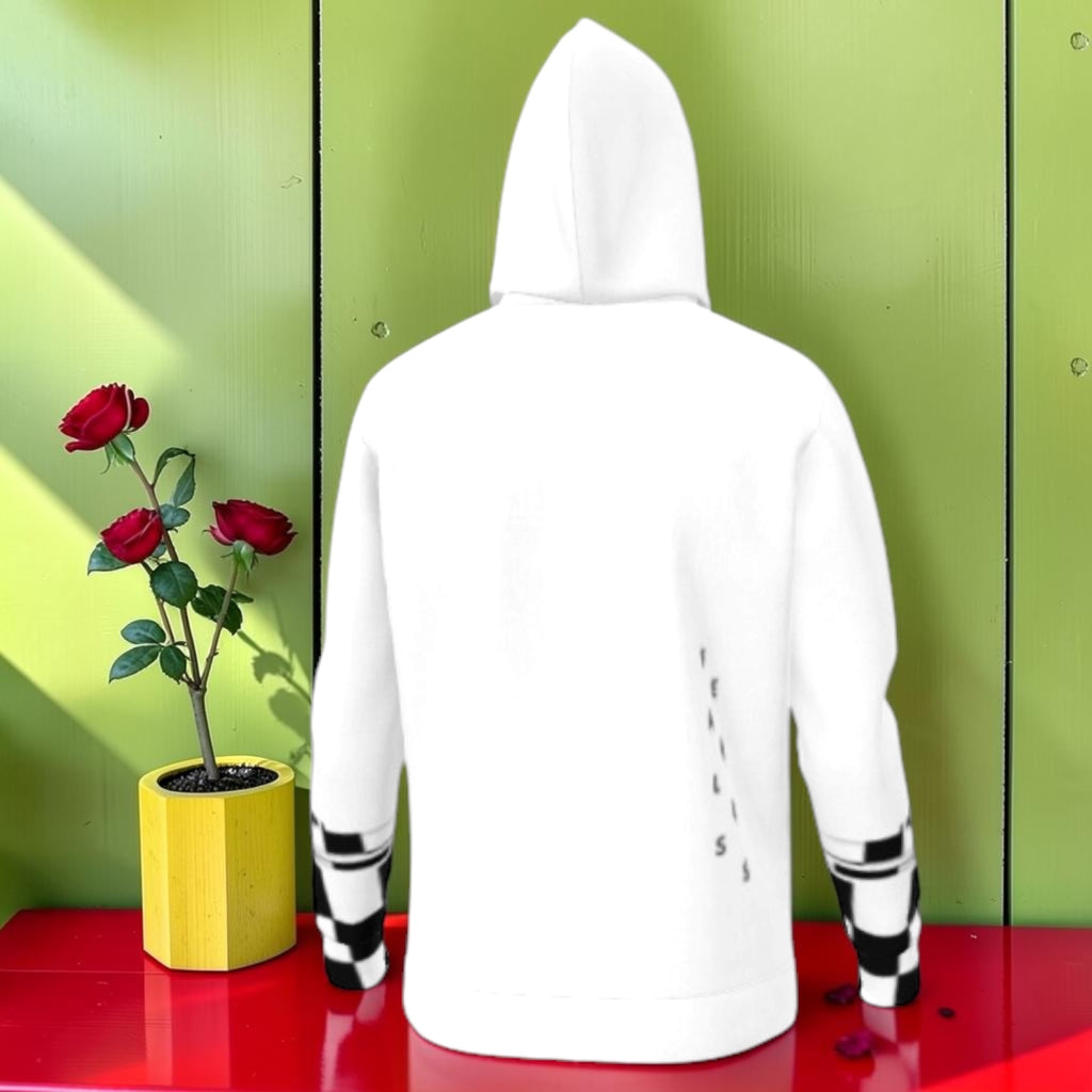 The Fearless Zip Hoodie — back view showing FEARLESS lettering and checkered cuffs