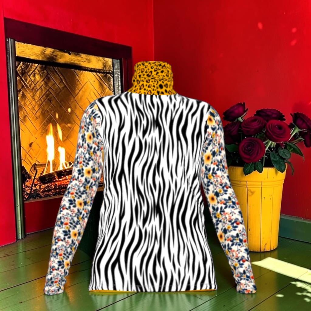 Solange silky jersey top with zebra-print front, floral long sleeves and leopard-print neckline