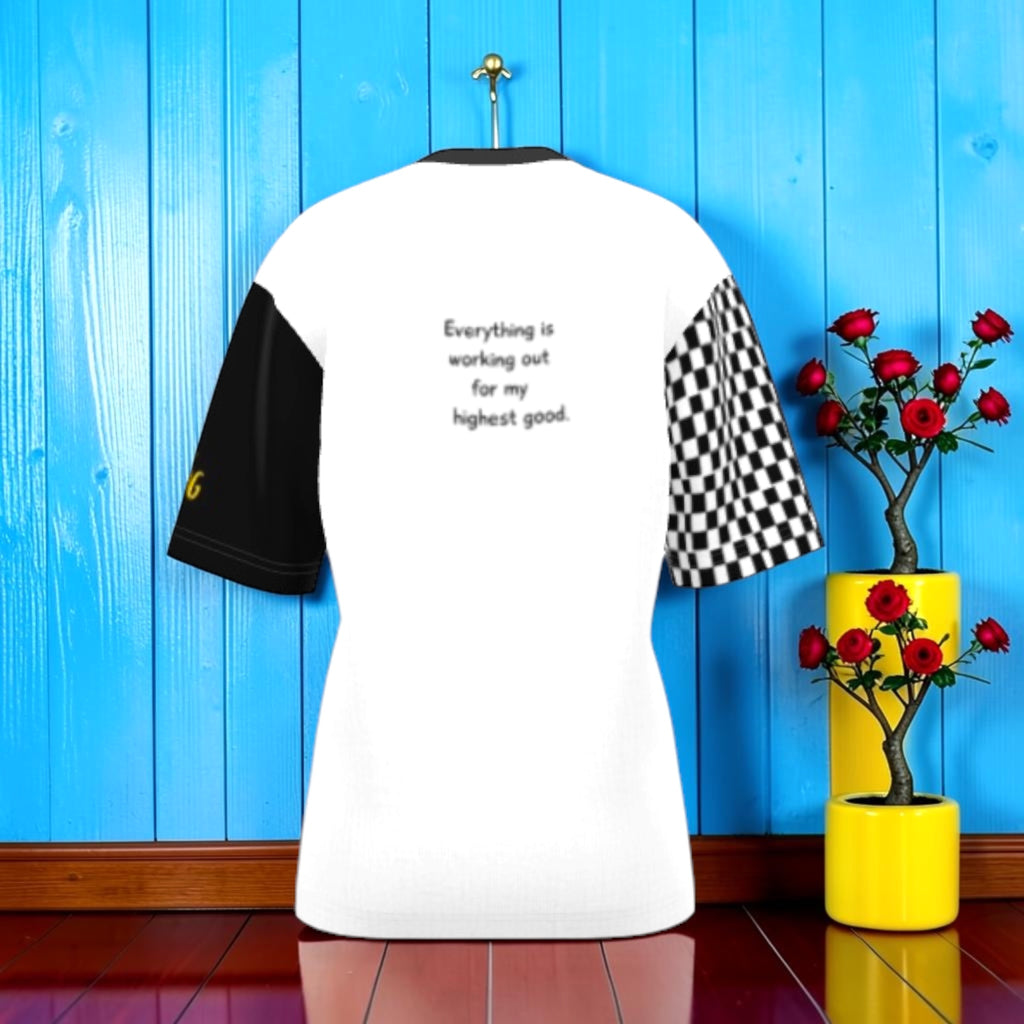 The Shadow Tee — Back view, affirmation print 'Everything is working out for my highest good' | Golden Expression Art Vol III