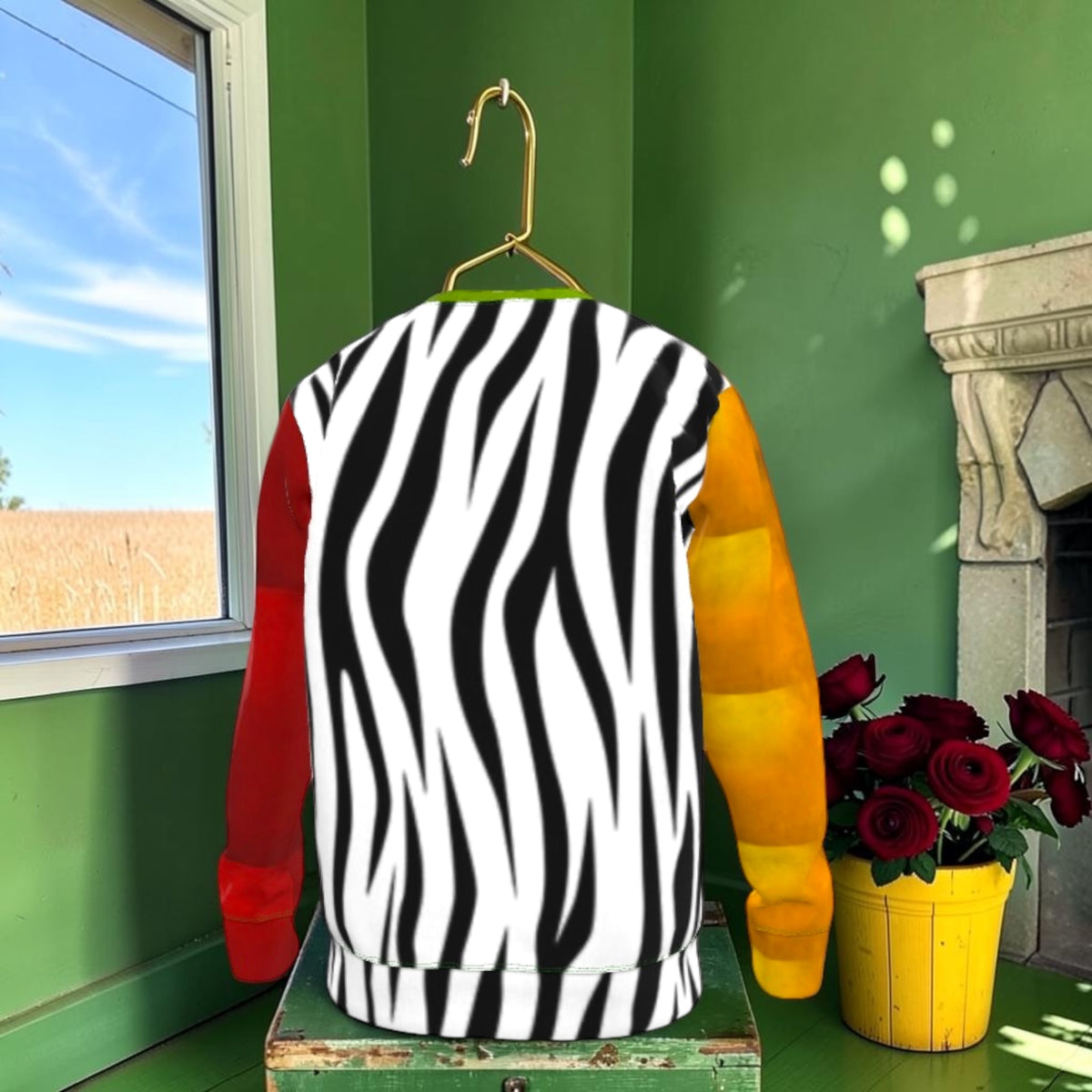 Back of sweatshirt with bold black-and-white zebra print and contrasting red and golden sleeves