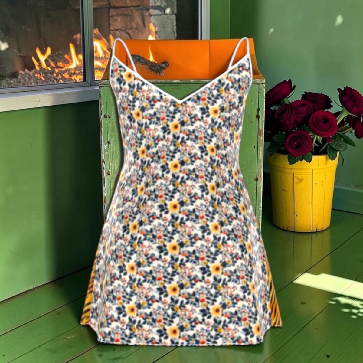Floral view of silk slip dress with fine straps and V-shaped neckline