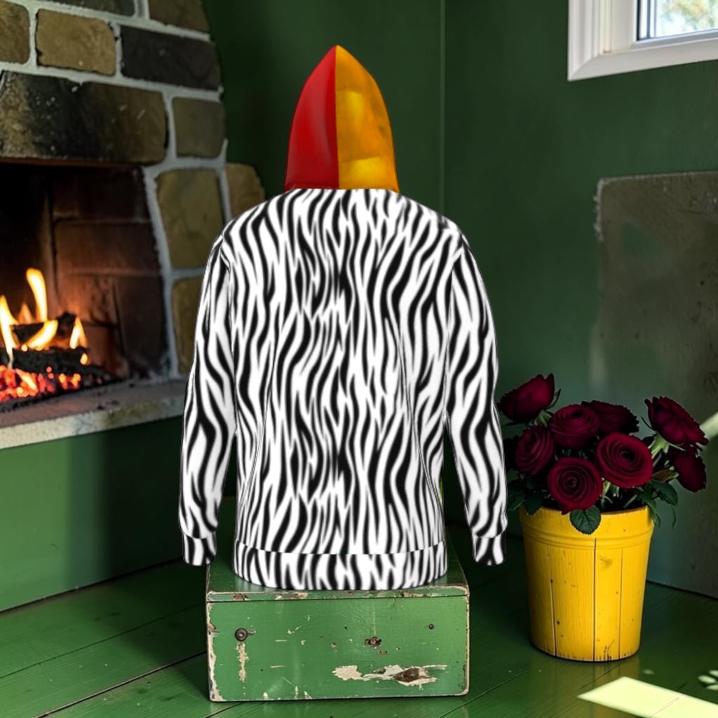 The Electric Instinct Zip Hoodie back with black-and-white zebra print and red and golden amber hood.
