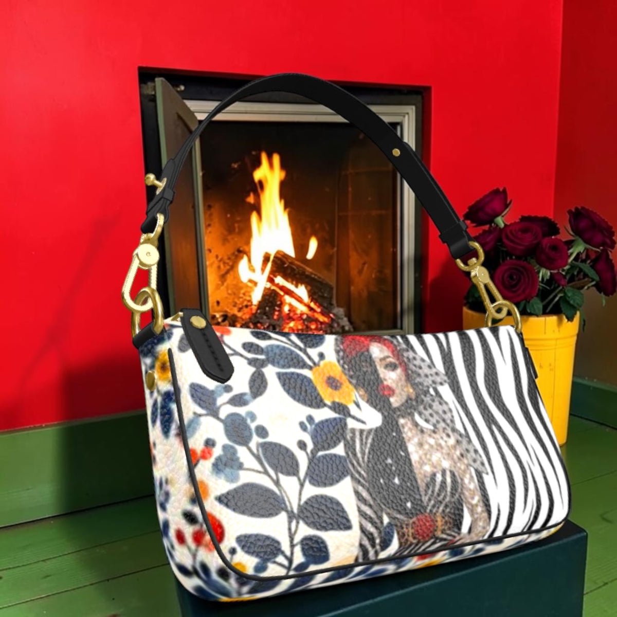 The Muse After Hours Shoulder Bag front with floral print, red-accented fashion figure, zebra stripes, black strap and gold-tone hardware