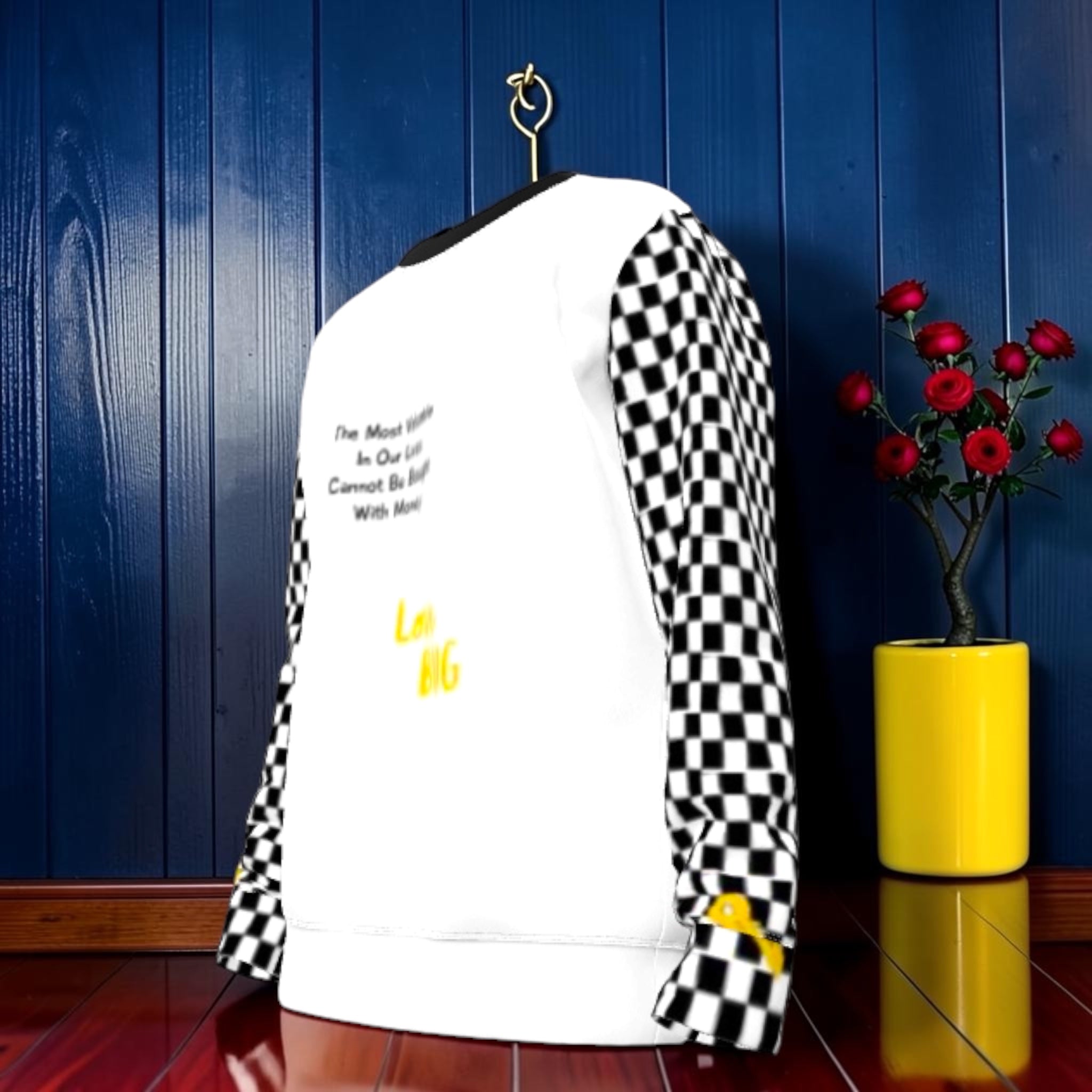 Vol III The Love Bug Sweatshirt — side angle showing Checkmate DNA sleeves and Love Bug script detail