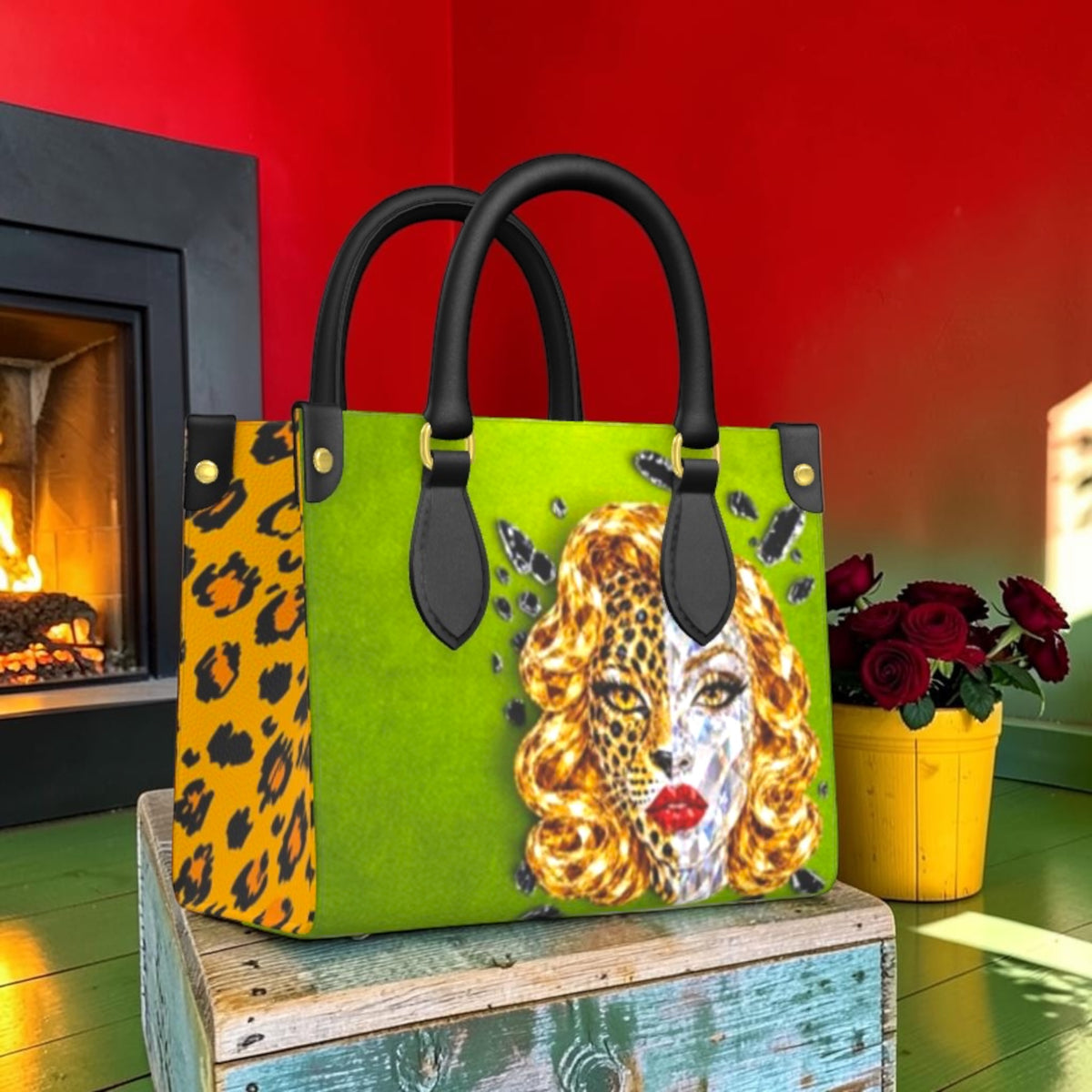 Wild Gaze mini satchel front with green portrait panel and leopard-print side