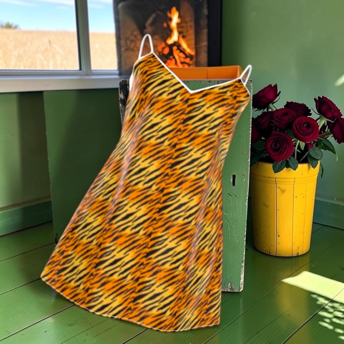 Golden tiger-stripe view of silk slip dress with fine straps and V-shaped neckline