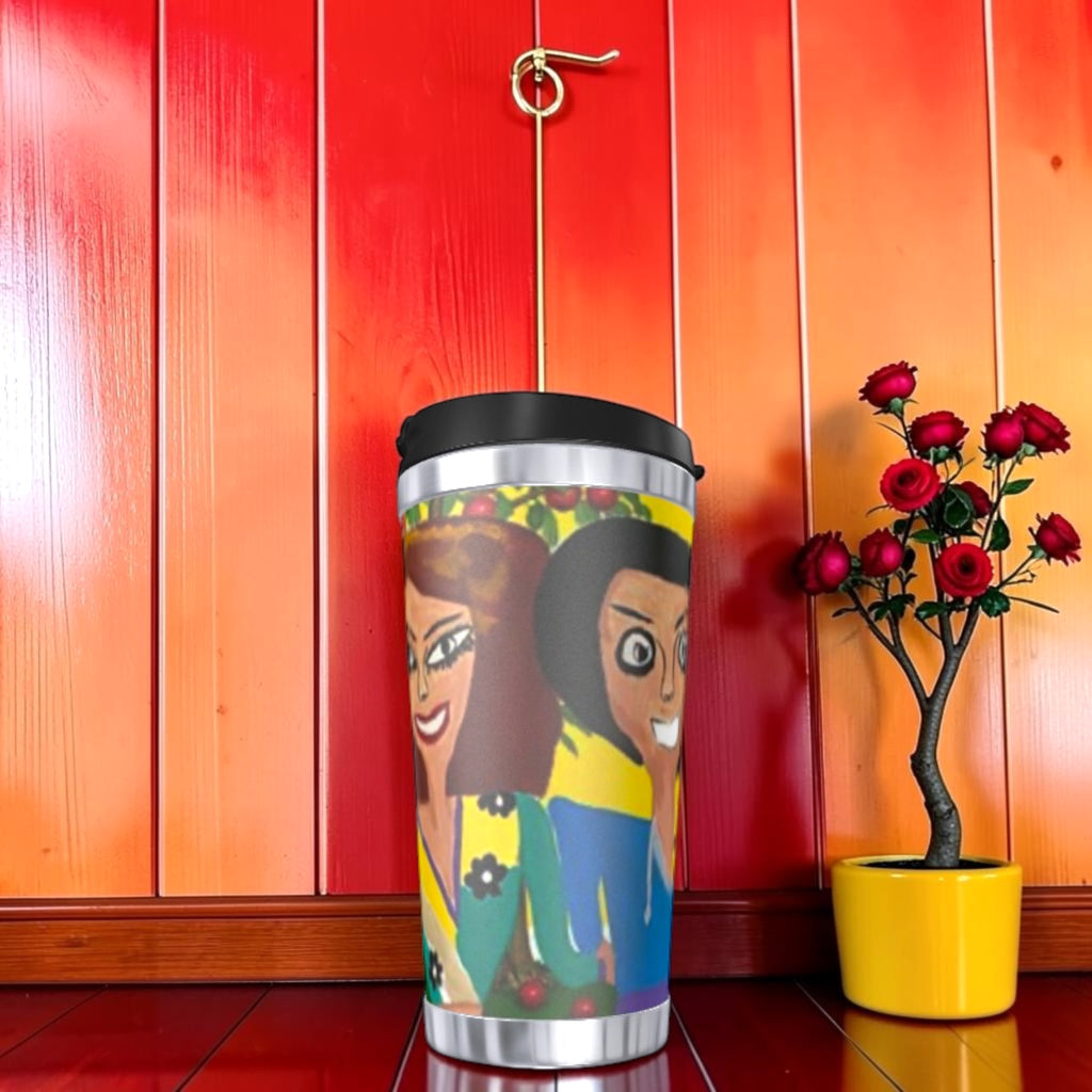 The No Ordinary Sip Travel Tumbler — Doll Wall figures close-up, two iconic characters, red wall backdrop